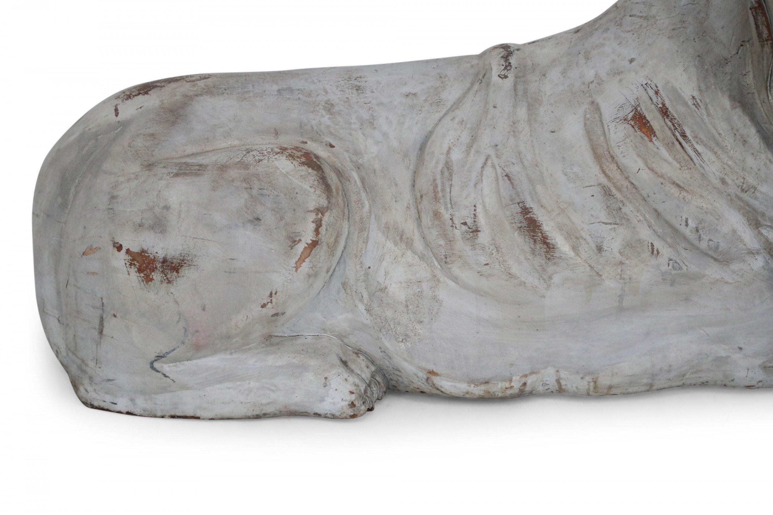 Pair of Chinese Carved Whitewashed Wooden Dog Statues For Sale 5