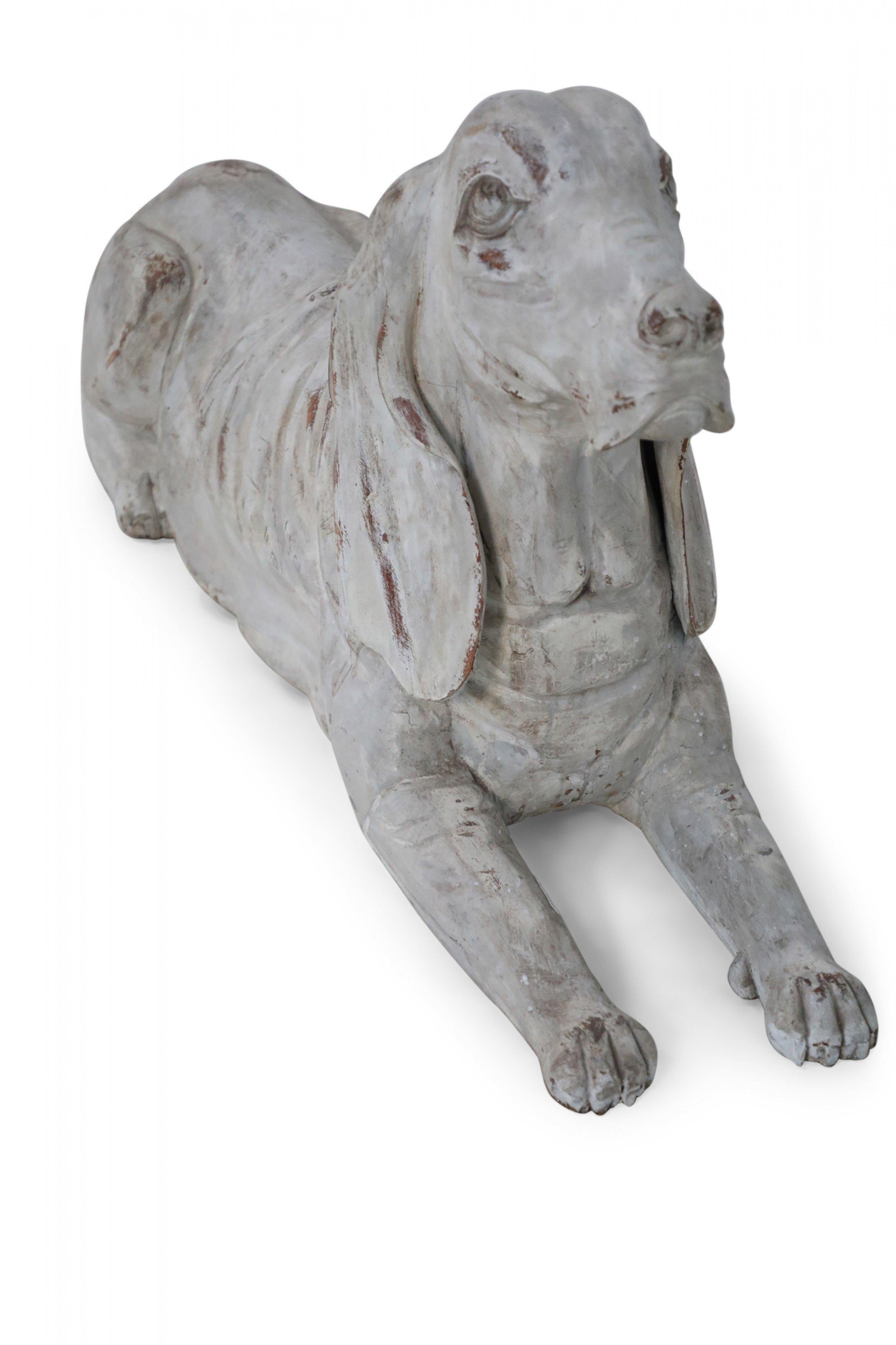 Pair of Chinese Carved Whitewashed Wooden Dog Statues For Sale 6
