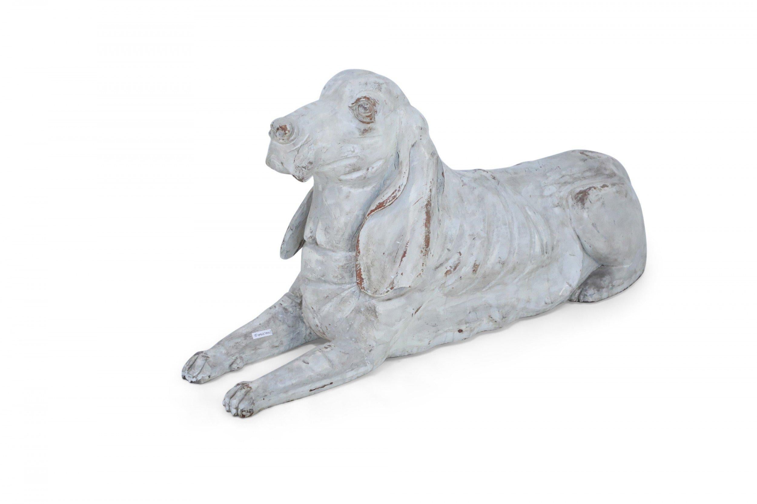 Hand-Carved Pair of Chinese Carved Whitewashed Wooden Dog Statues For Sale