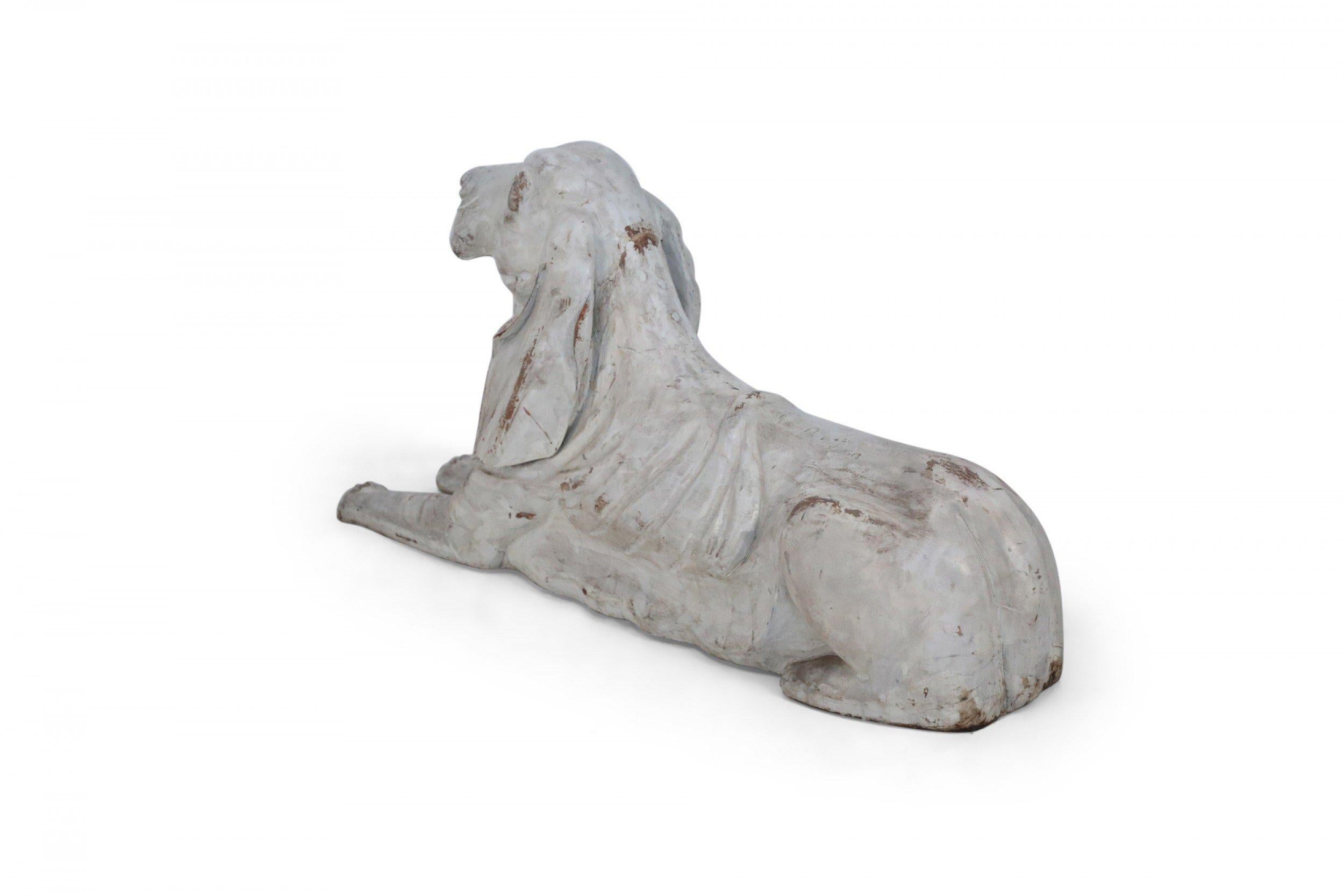 20th Century Pair of Chinese Carved Whitewashed Wooden Dog Statues For Sale