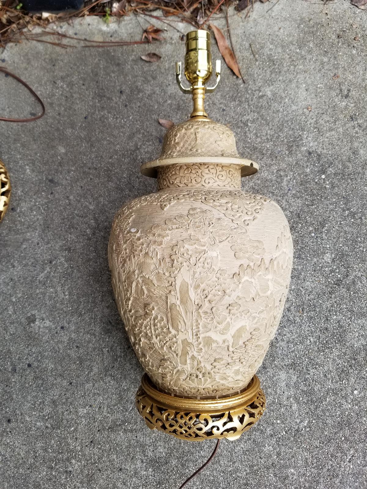 Pair of Chinese Carved Wood Lamps with Gilded Bases, circa 1880-1920 9