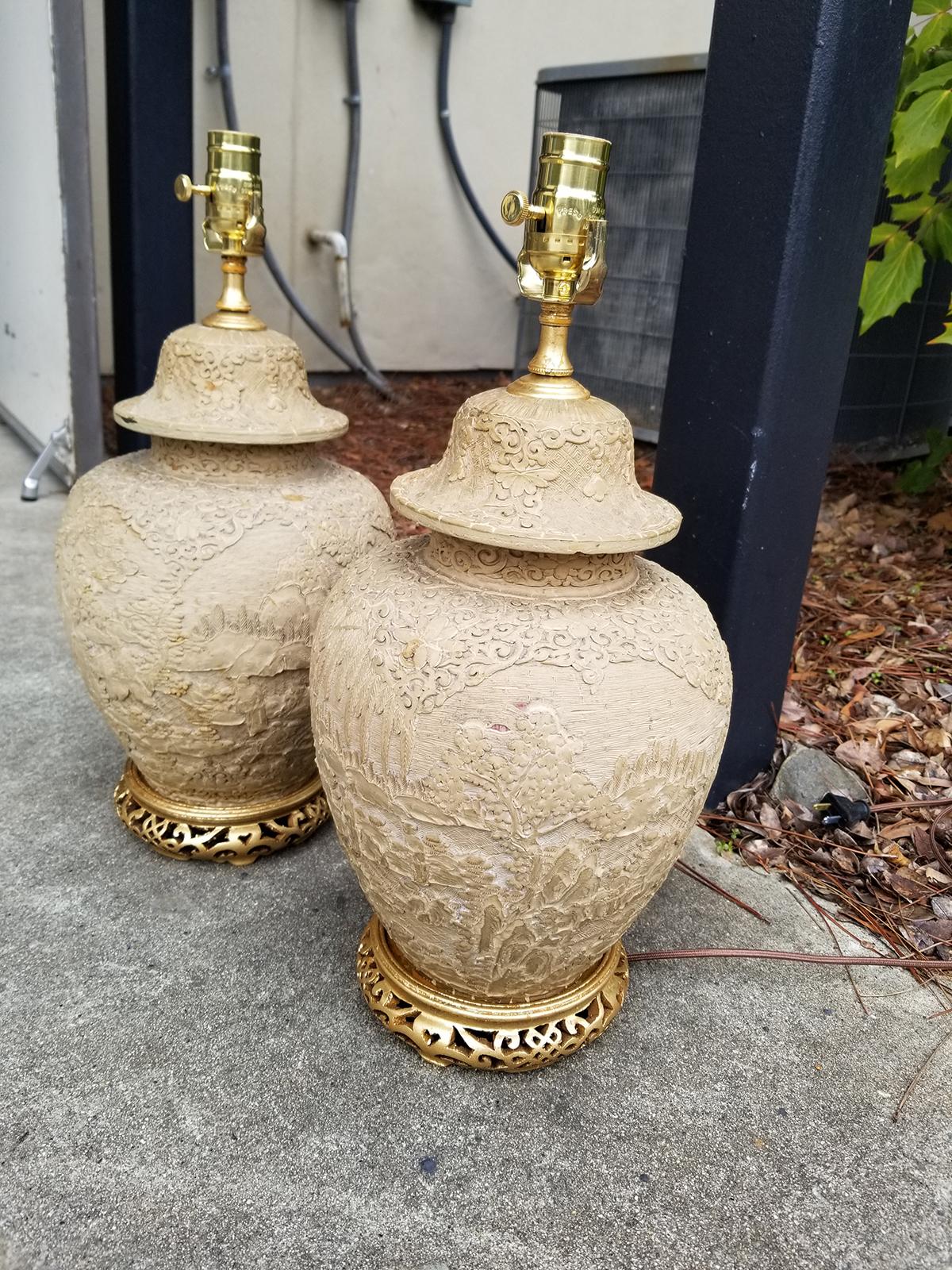 Hand-Carved Pair of Chinese Carved Wood Lamps with Gilded Bases, circa 1880-1920