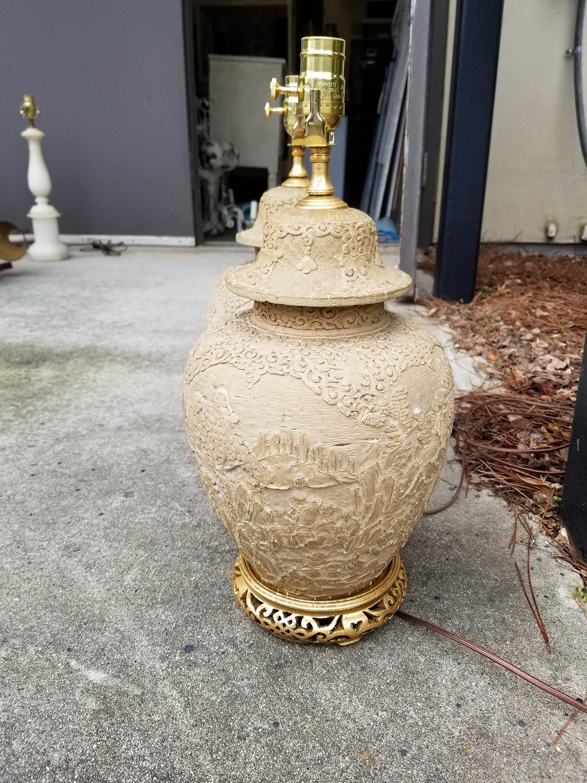 Pair of Chinese Carved Wood Lamps with Gilded Bases, circa 1880-1920 In Good Condition In Atlanta, GA