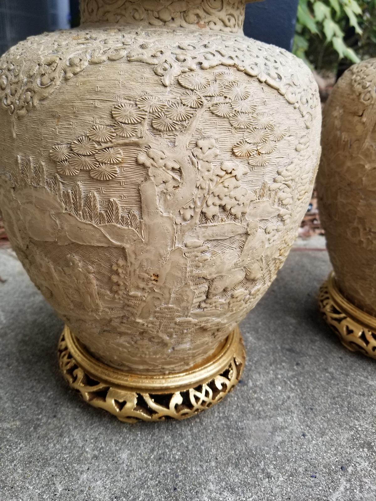Pair of Chinese Carved Wood Lamps with Gilded Bases, circa 1880-1920 1