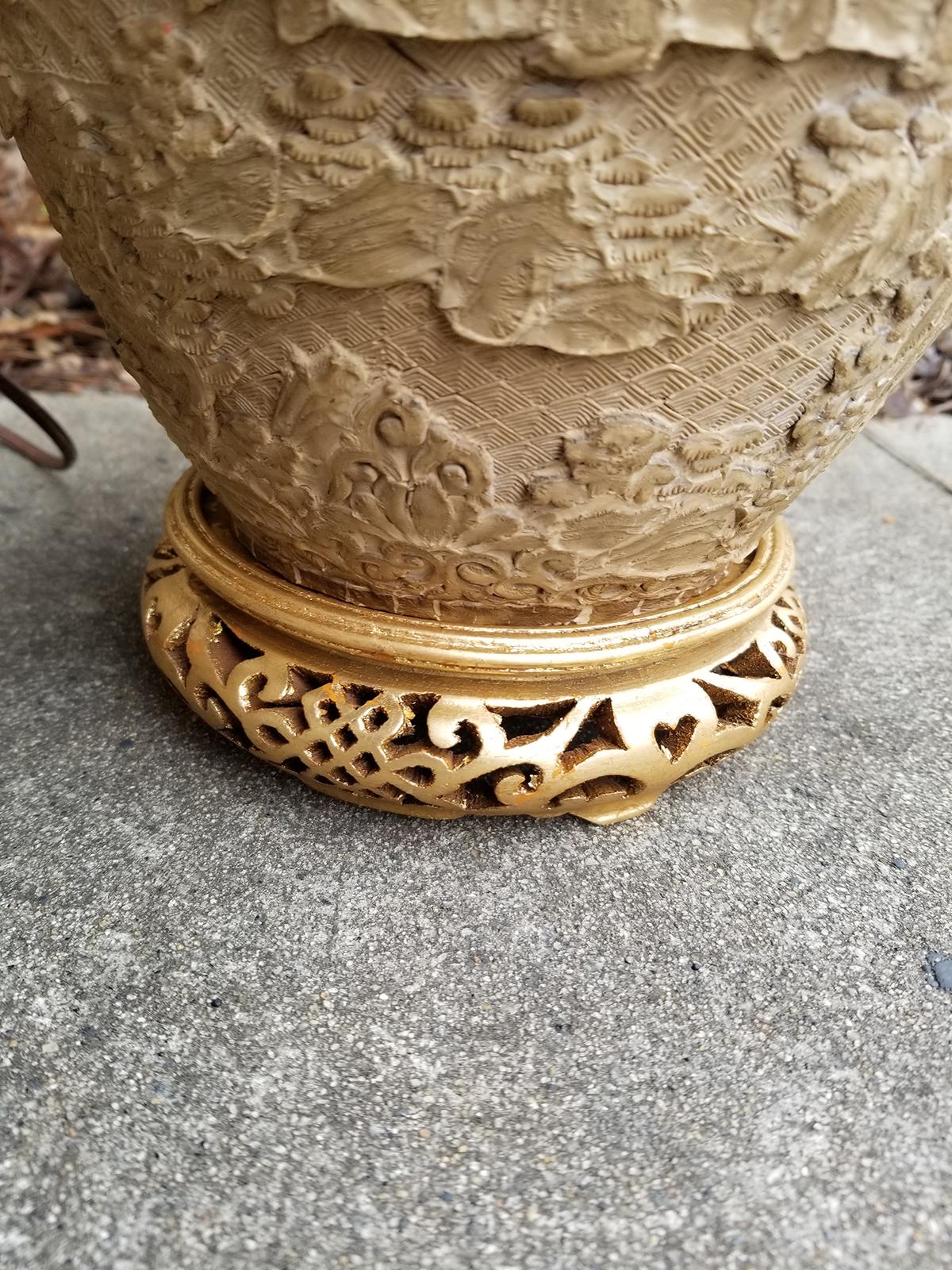 Pair of Chinese Carved Wood Lamps with Gilded Bases, circa 1880-1920 2