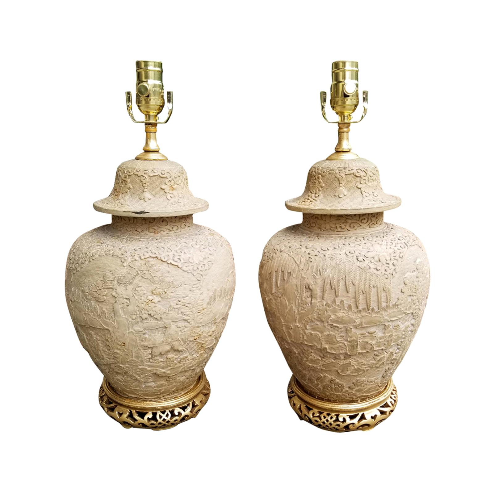 Pair of Chinese Carved Wood Lamps with Gilded Bases, circa 1880-1920