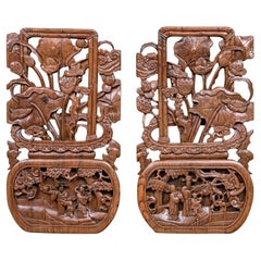 Pair Of Chinese Carved Wood Openwork Plaques With Flowers And Figures