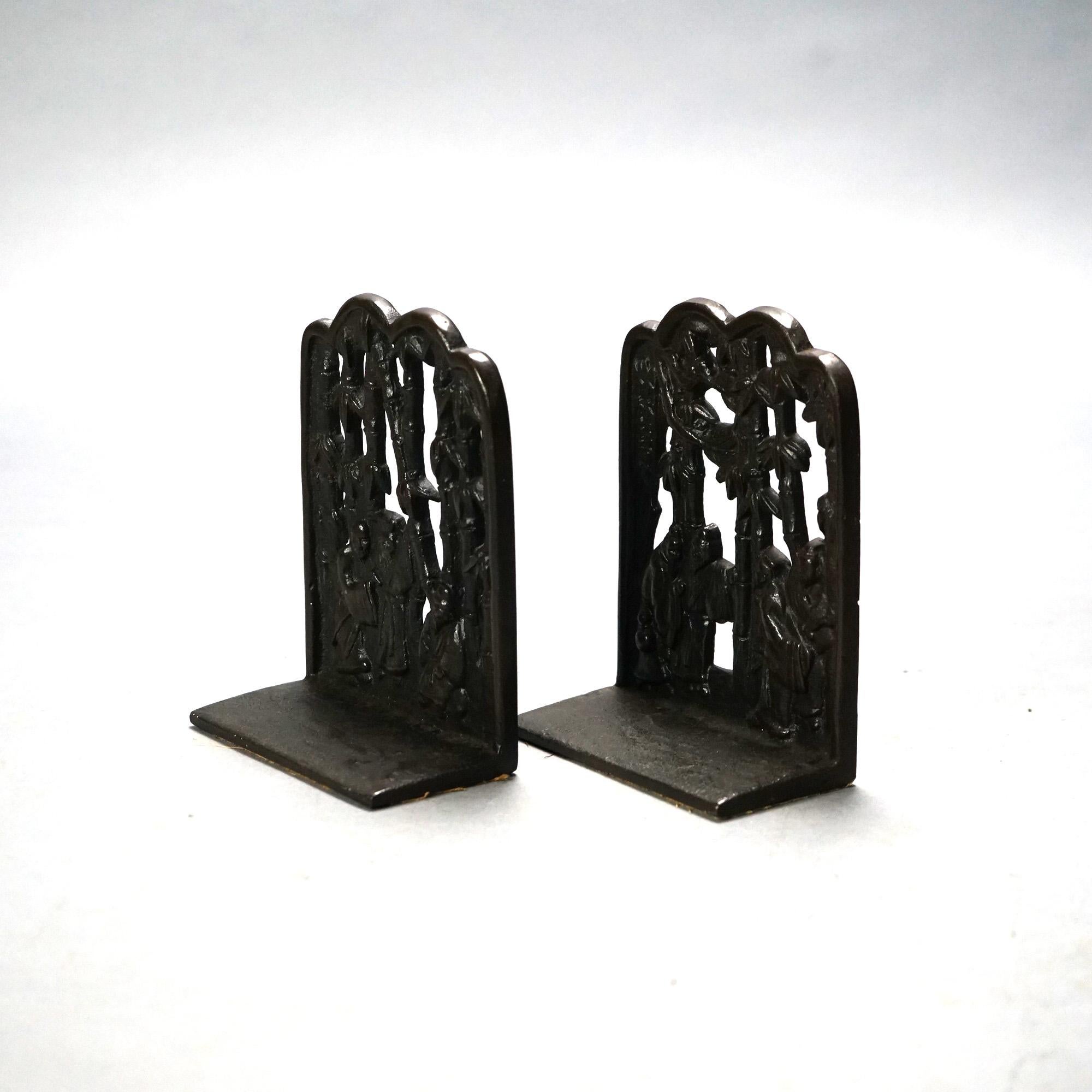  Pair of Chinese Cast Bronze Bookends with Figures & Bamboo, C1920 In Good Condition For Sale In Big Flats, NY