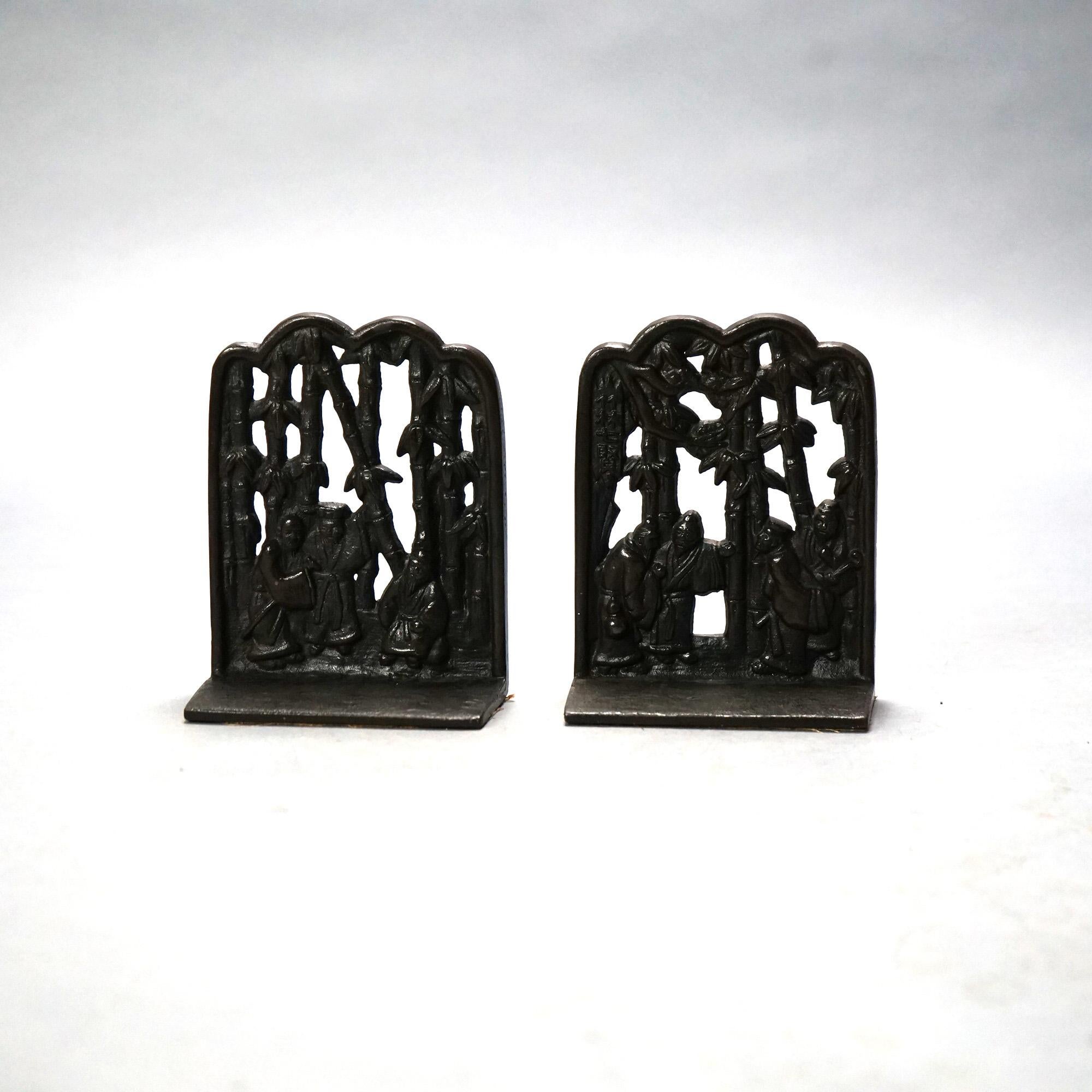  Pair of Chinese Cast Bronze Bookends with Figures & Bamboo, C1920 For Sale 1