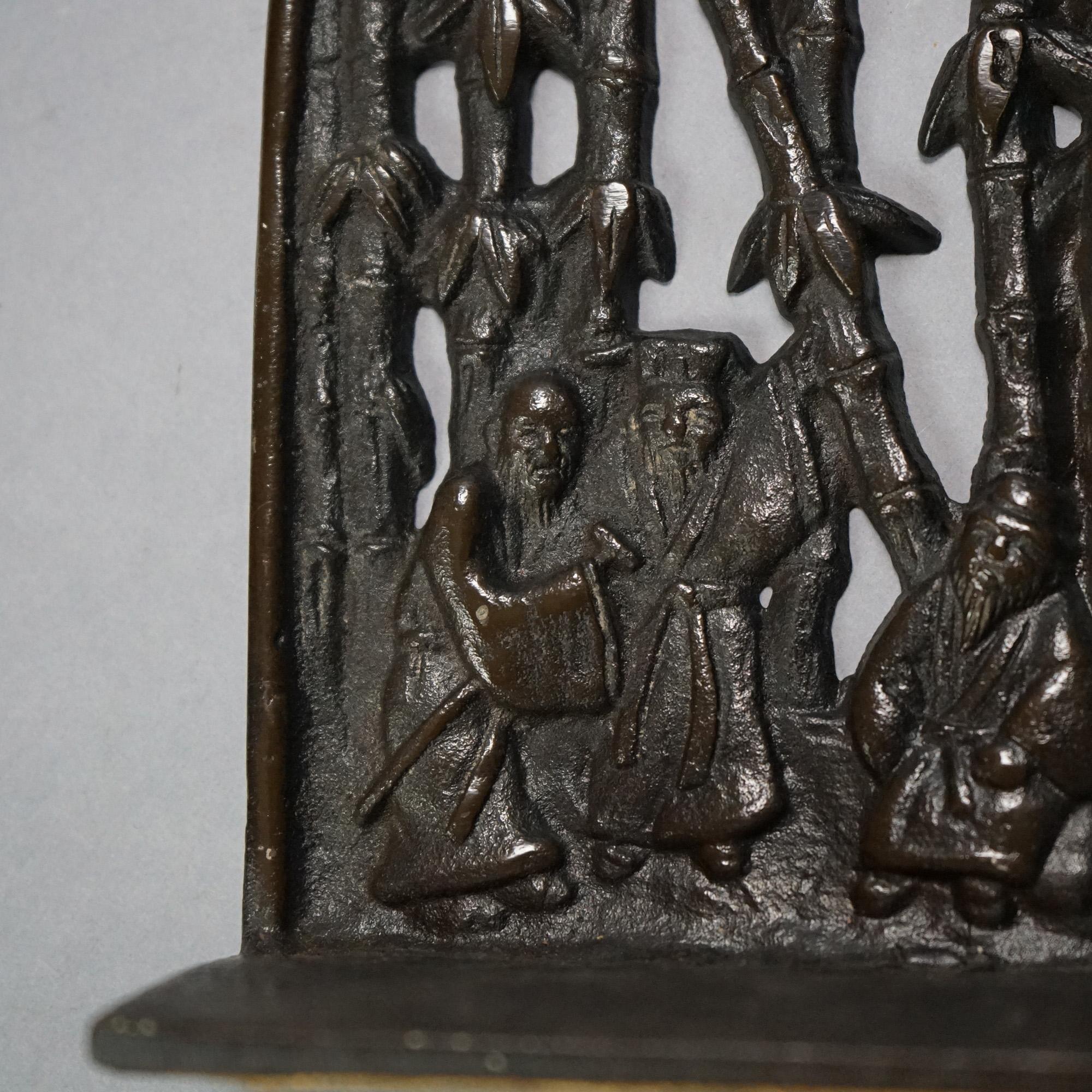  Pair of Chinese Cast Bronze Bookends with Figures & Bamboo, C1920 For Sale 2