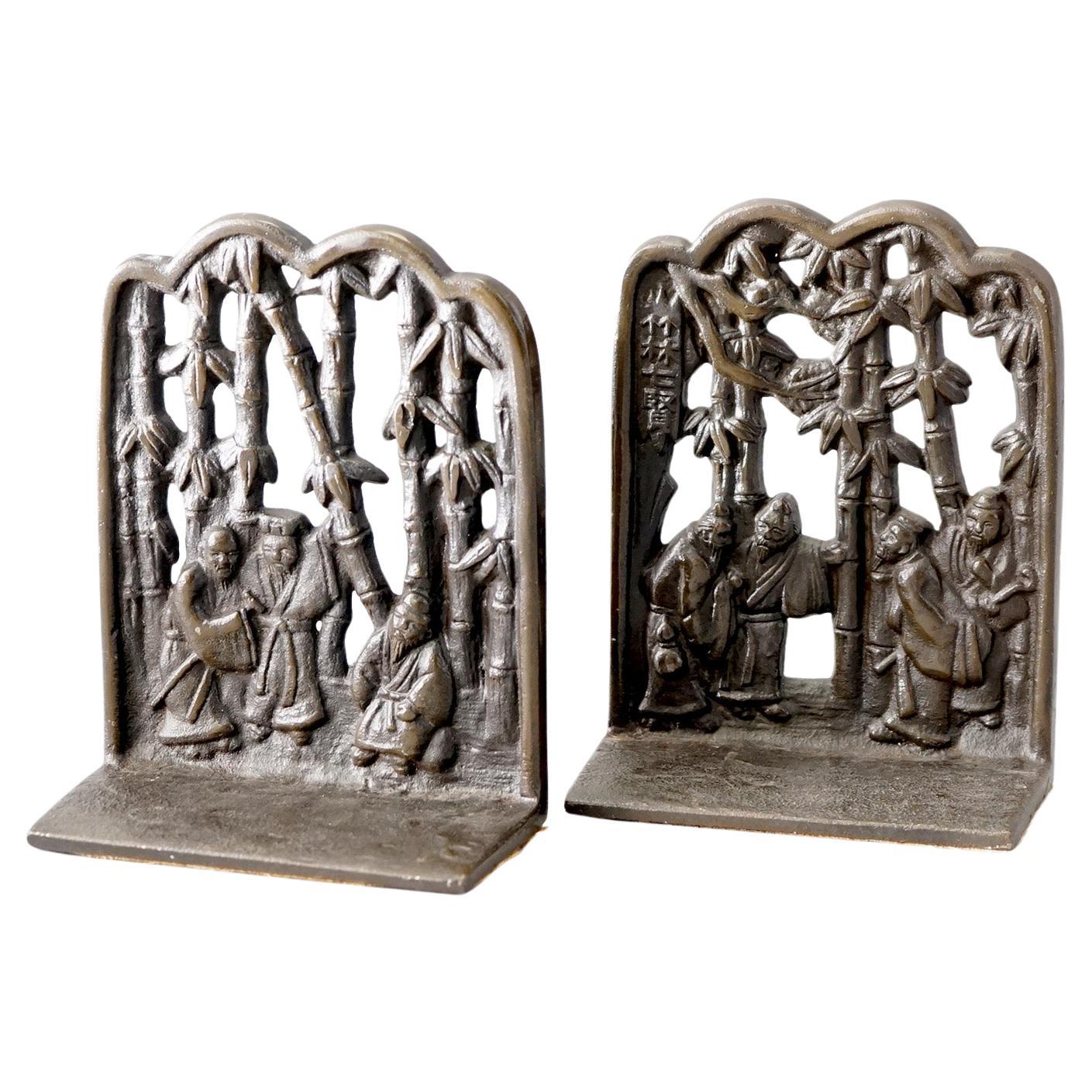  Pair of Chinese Cast Bronze Bookends with Figures & Bamboo, C1920 For Sale