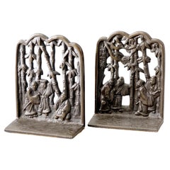 Antique  Pair of Chinese Cast Bronze Bookends with Figures & Bamboo, C1920