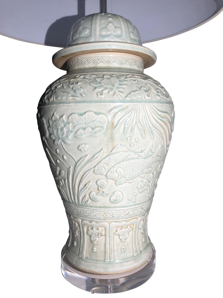 Pair of Chinese Celadon Bas, Relief Temple Jar Lamps at 1stDibs