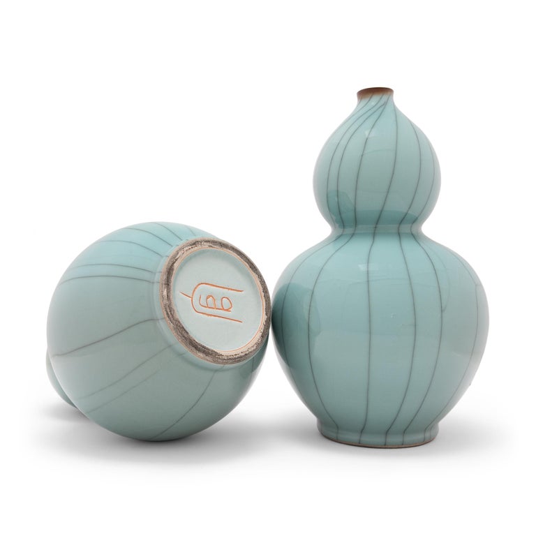 Minimalist Pair of Chinese Celadon Blue Double Gourd Vases For Sale