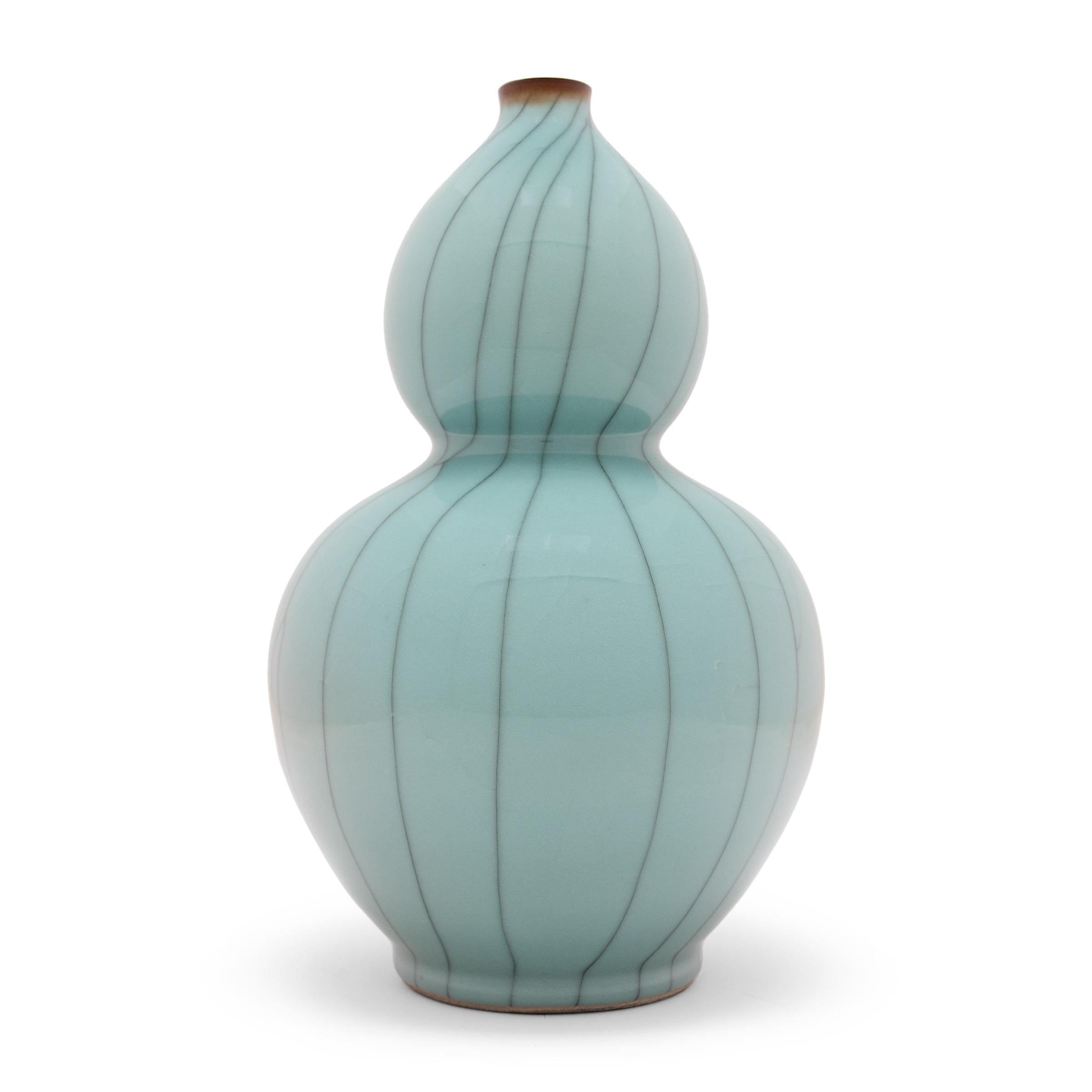 Glazed Pair of Chinese Celadon Blue Double Gourd Vases