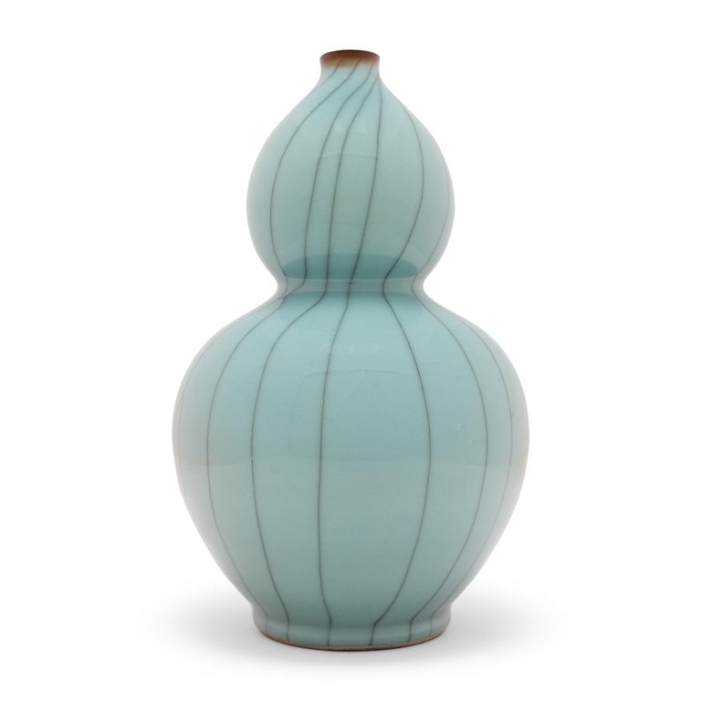 Glazed Pair of Chinese Celadon Blue Double Gourd Vases For Sale