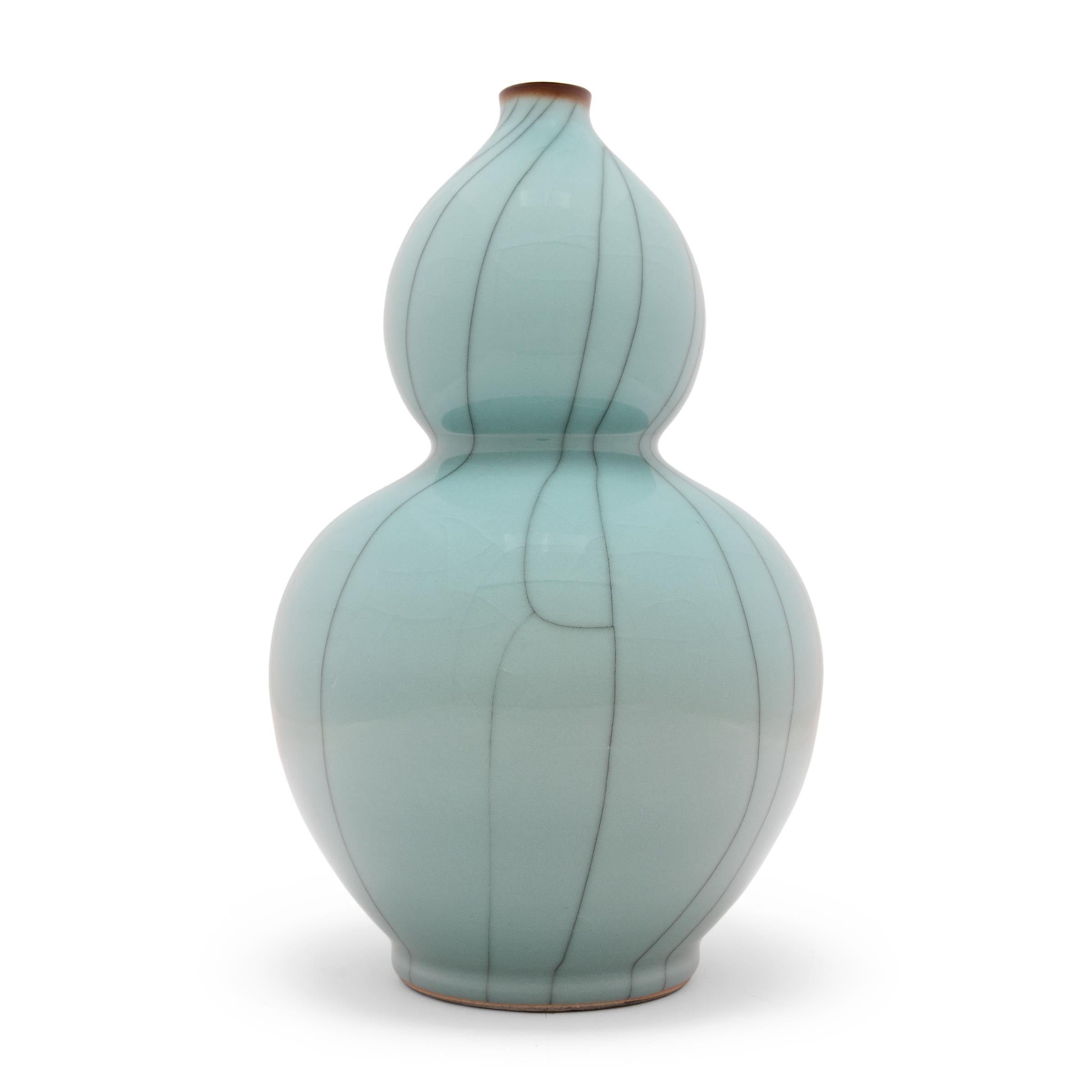 Contemporary Pair of Chinese Celadon Blue Double Gourd Vases