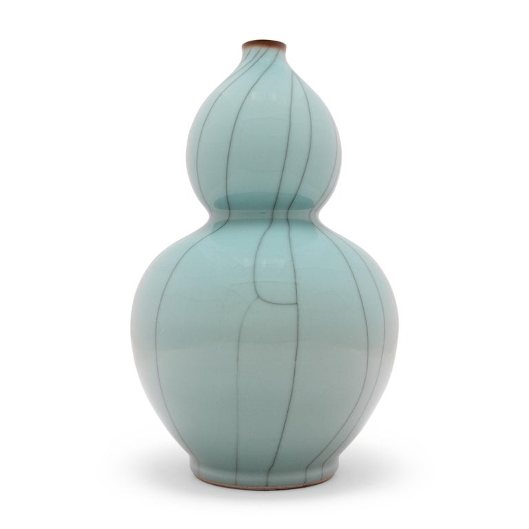 Contemporary Pair of Chinese Celadon Blue Double Gourd Vases For Sale
