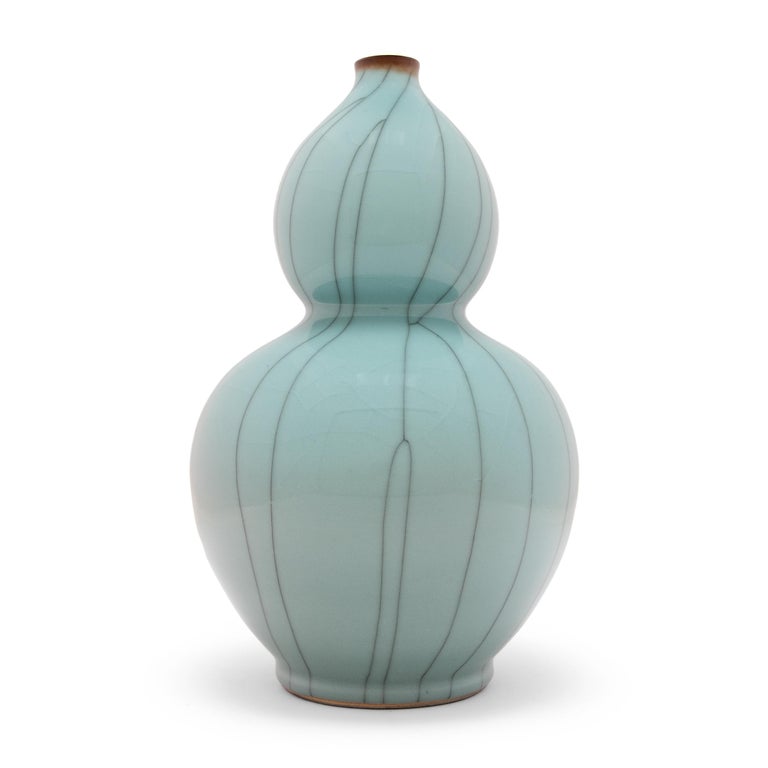 Ceramic Pair of Chinese Celadon Blue Double Gourd Vases For Sale