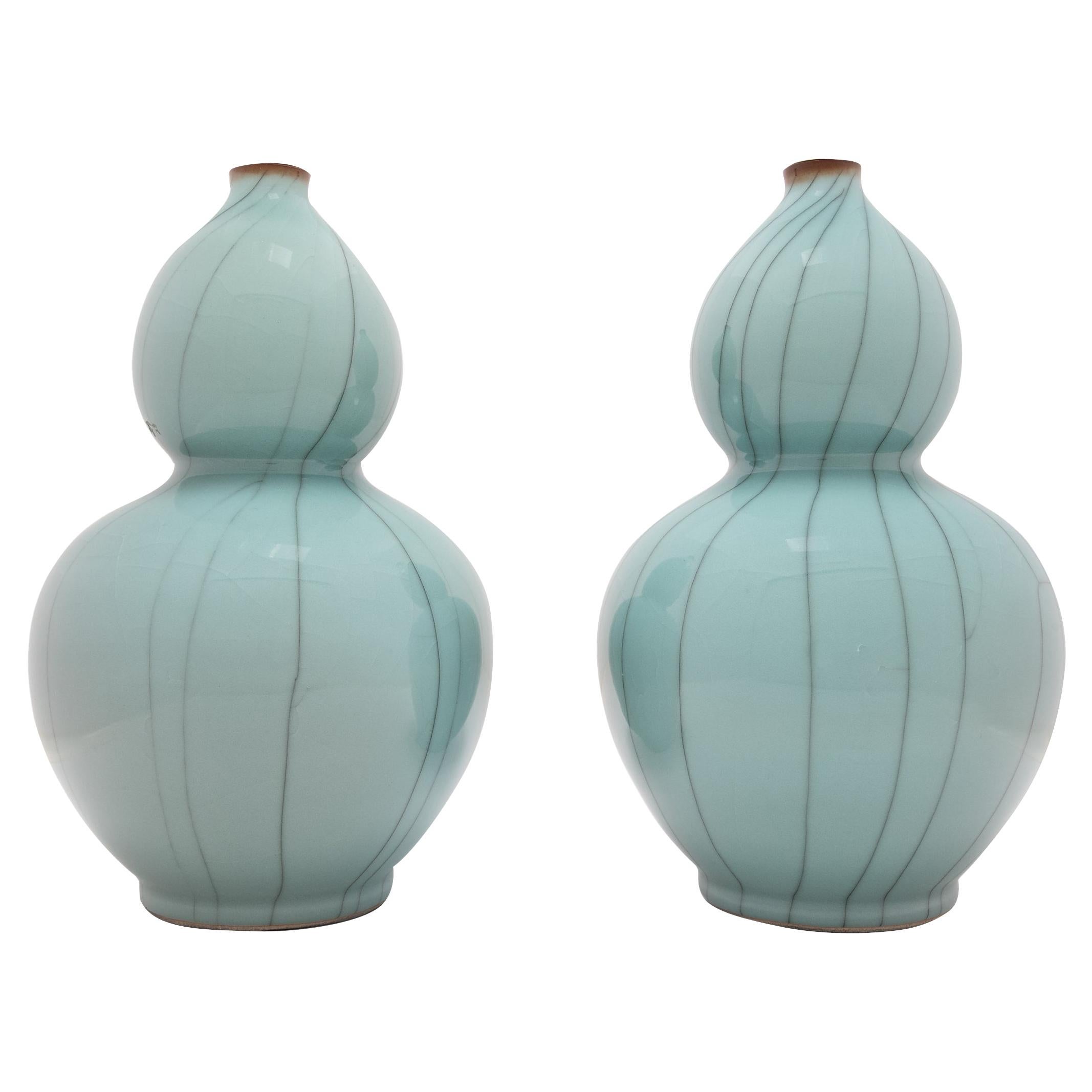 Pair of Chinese Celadon Blue Double Gourd Vases