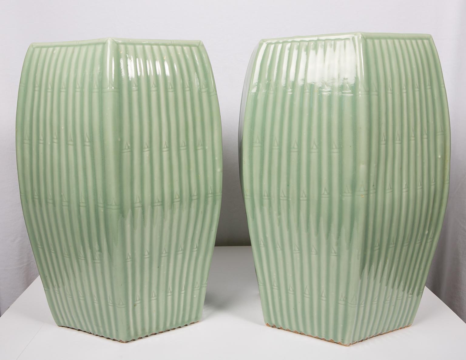  The shape! The color!
We are delighted to offer this pair of Chinese celadon garden seats. 
These sleek hexagonal garden seats are covered in a light green glaze with a jade-like luster. 
The soft celadon color evokes the liveliness of bamboo, a