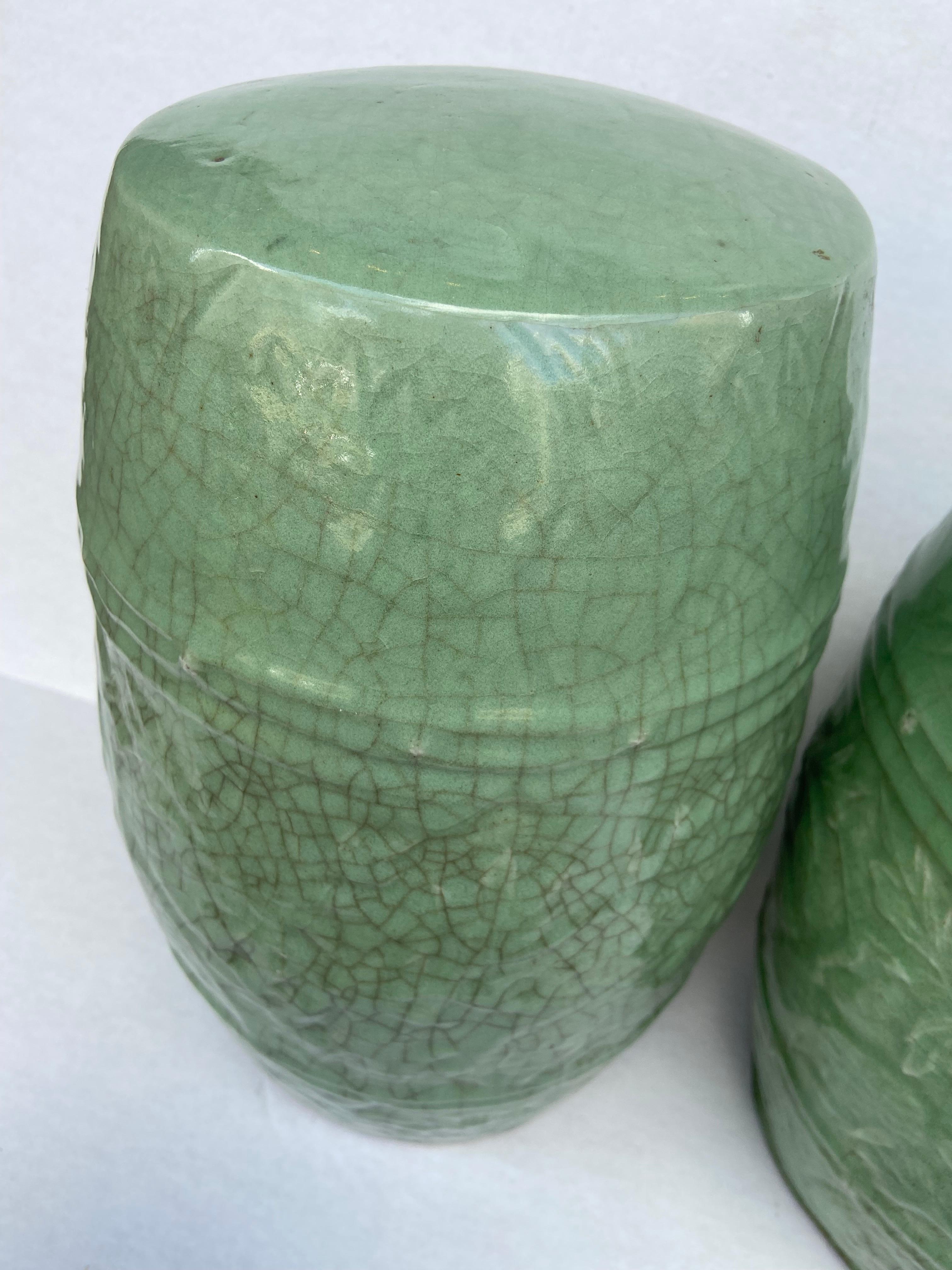 Chinese Export Pair of CHILDREN'S Chinese Celadon Green Ceramic Barrel Form Garden Seats