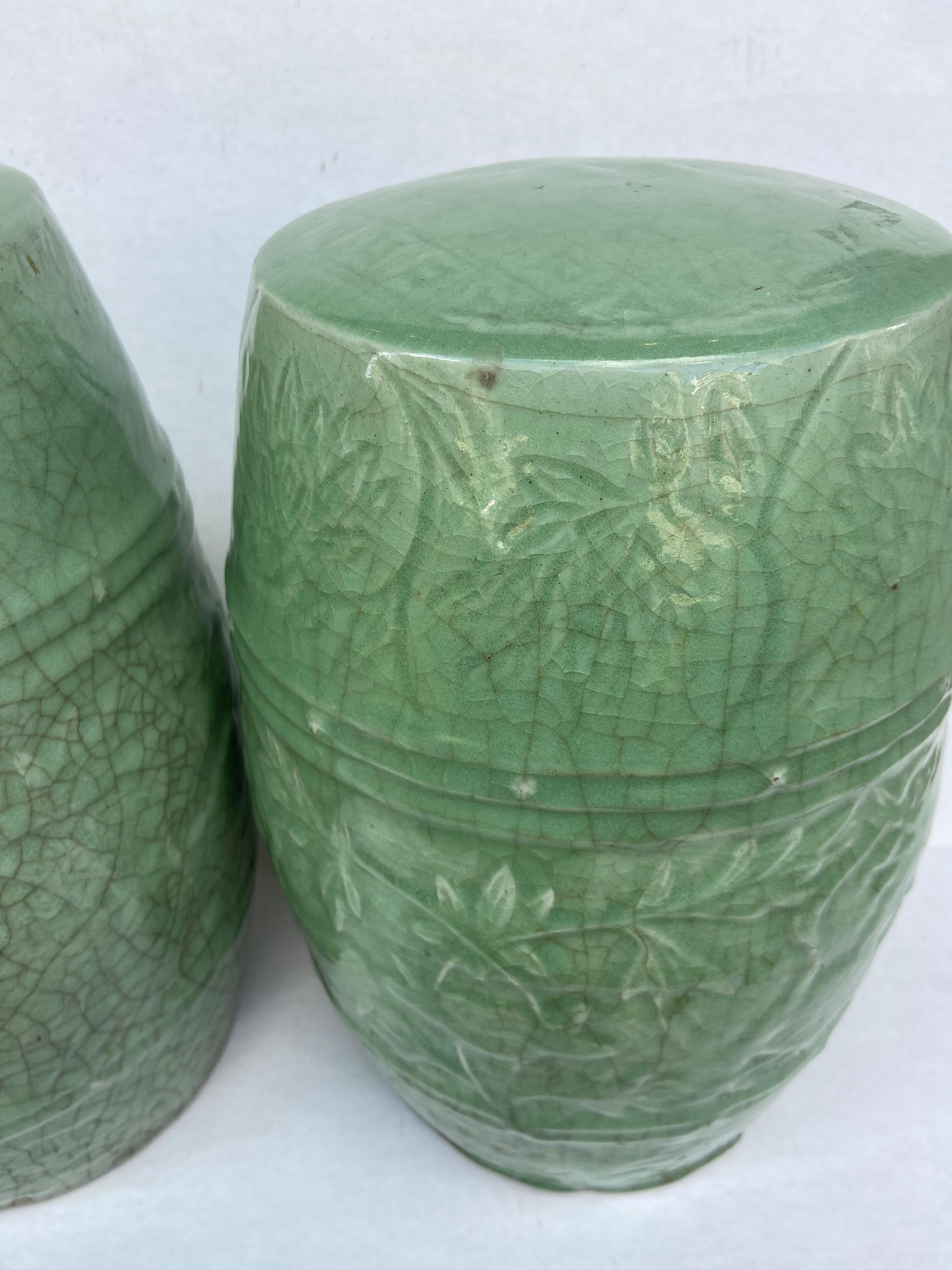 Glazed Pair of CHILDREN'S Chinese Celadon Green Ceramic Barrel Form Garden Seats