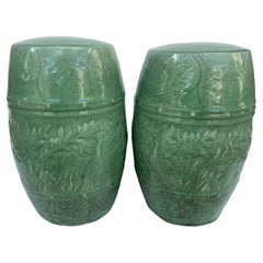 Pair of CHILDREN'S Chinese Celadon Green Ceramic Barrel Form Garden Seats