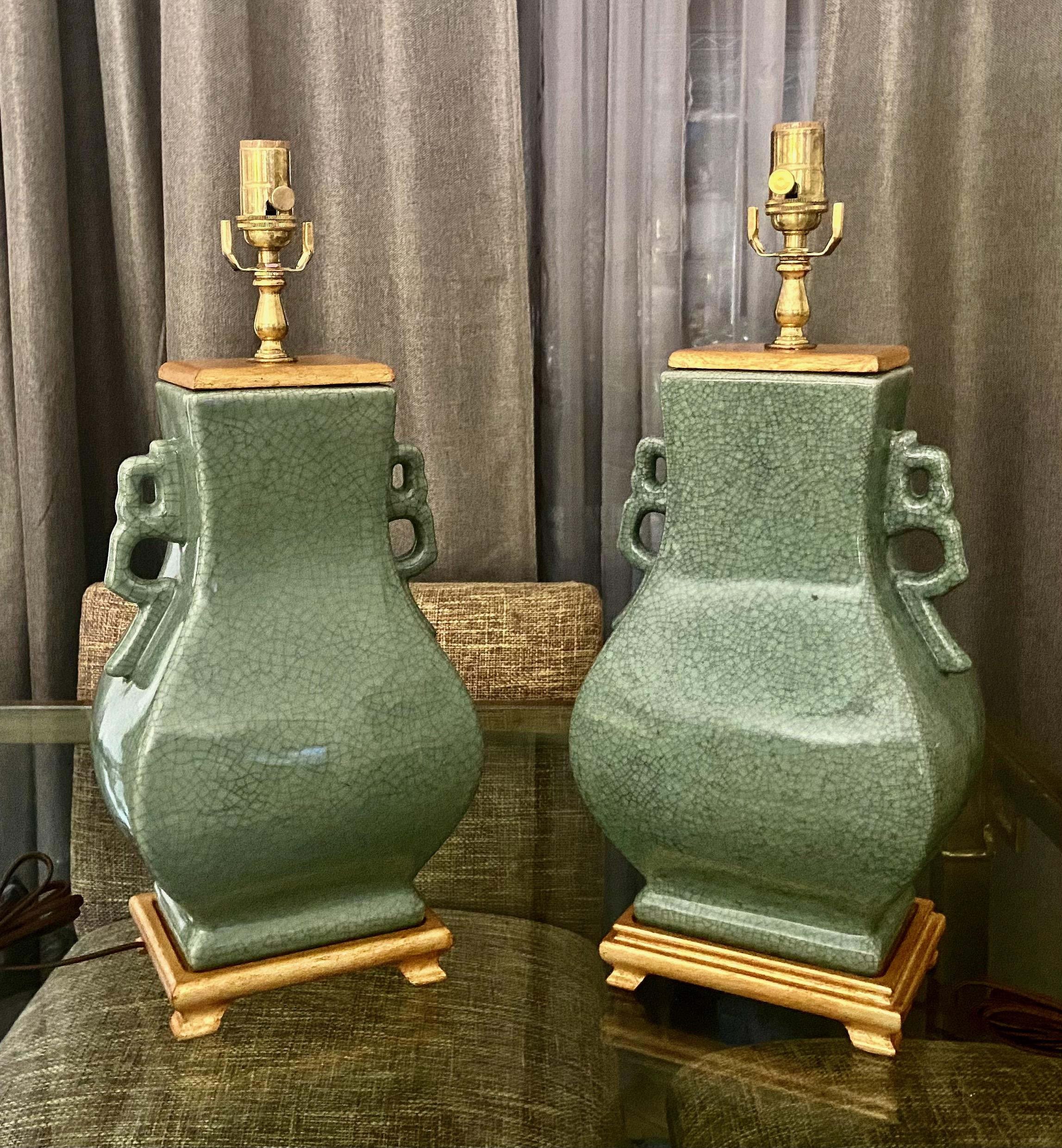 Pair of Chinese Celadon Green Porcelain Table Lamps In Good Condition In Palm Springs, CA