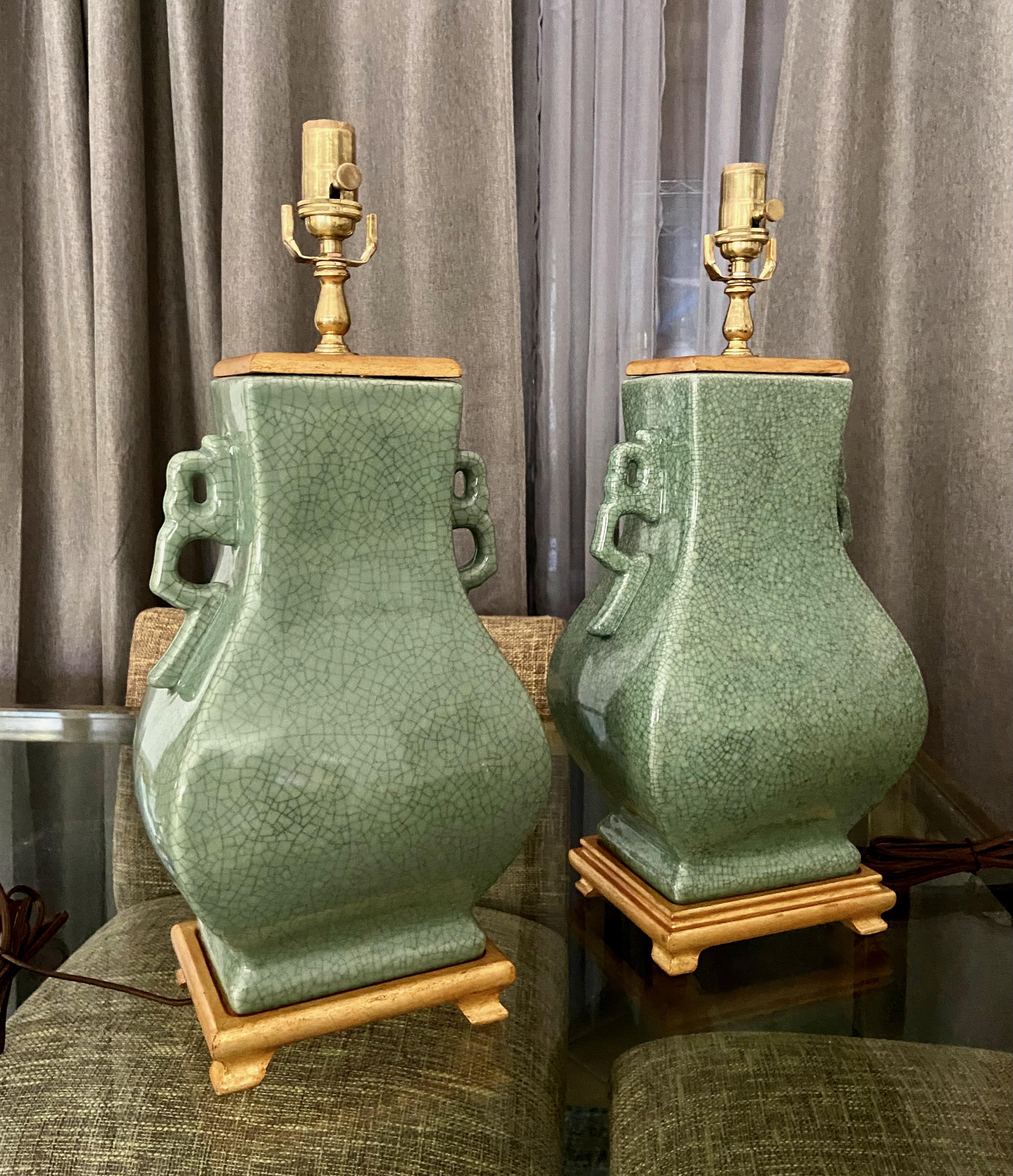 Mid-20th Century Pair of Chinese Celadon Green Porcelain Table Lamps