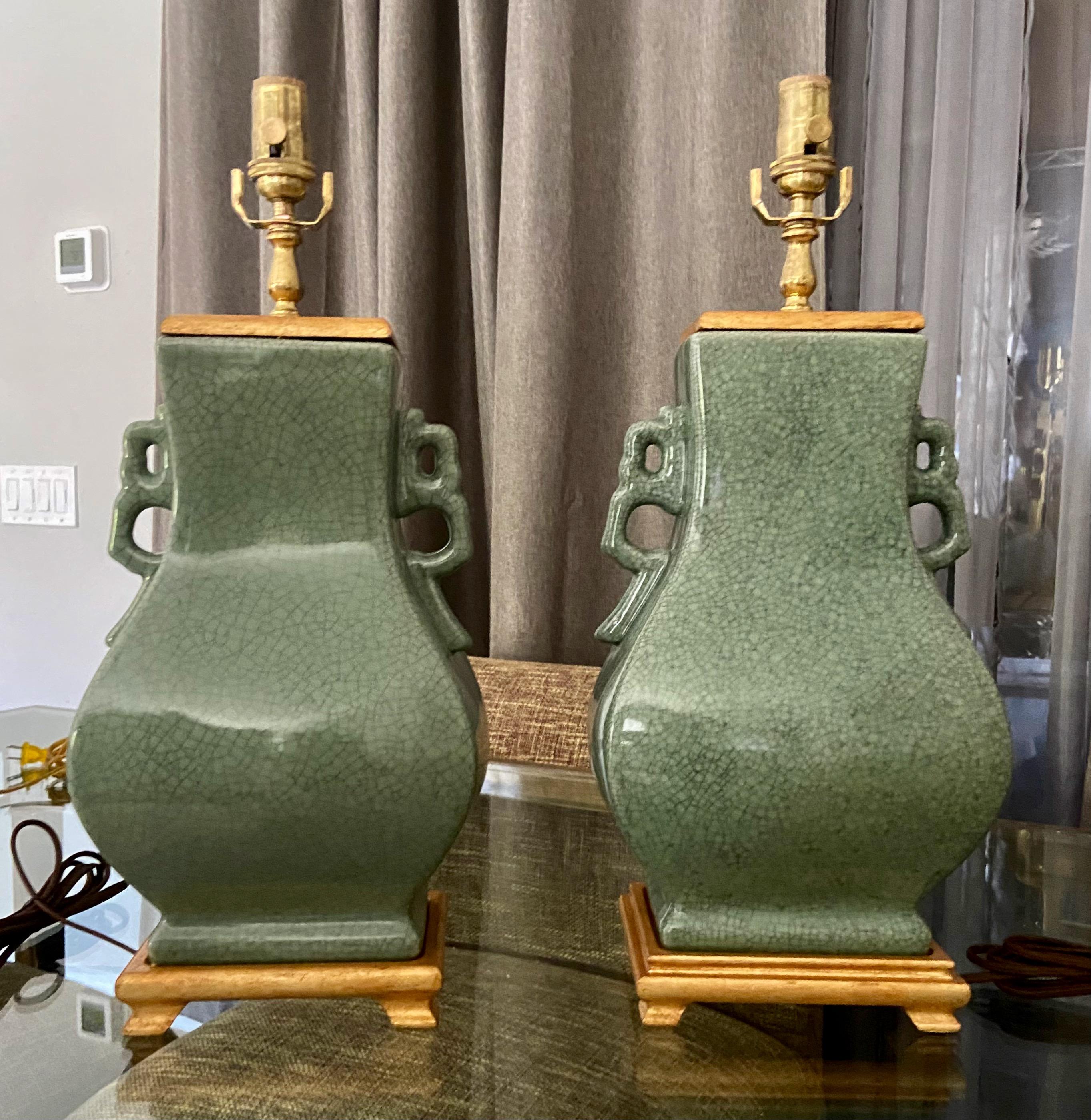Brass Pair of Chinese Celadon Green Porcelain Table Lamps