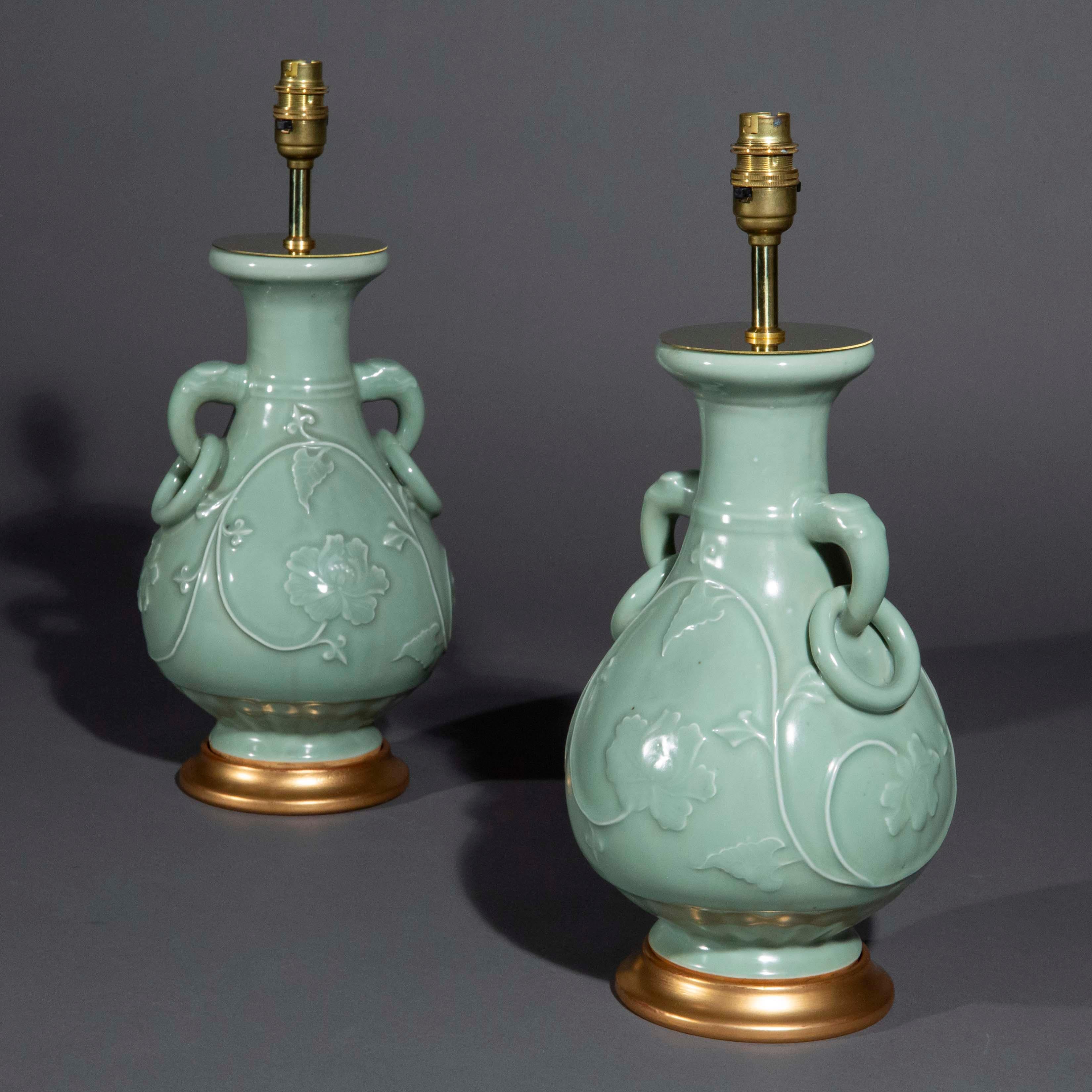 Pair of Chinese Celadon Longquan Vase Lamps For Sale 1