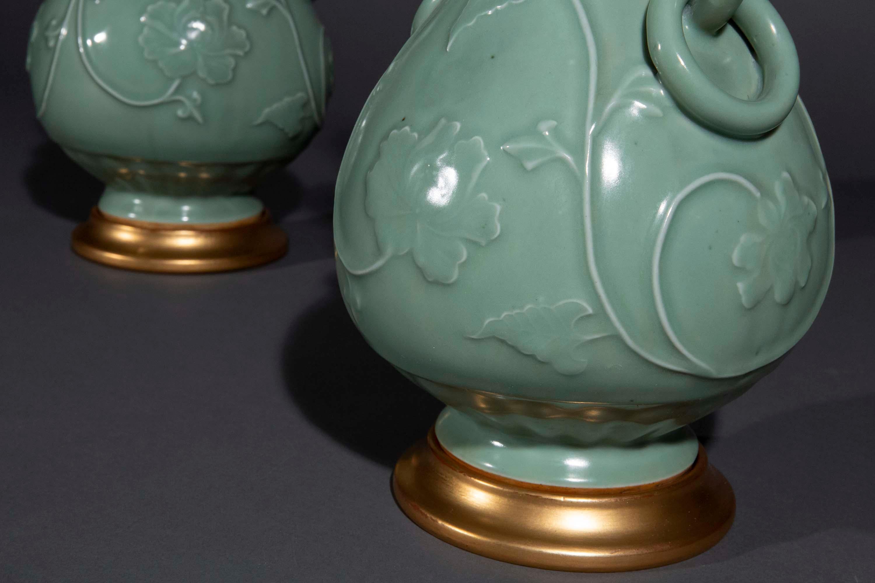 Qing Pair of Chinese Celadon Longquan Vase Lamps For Sale