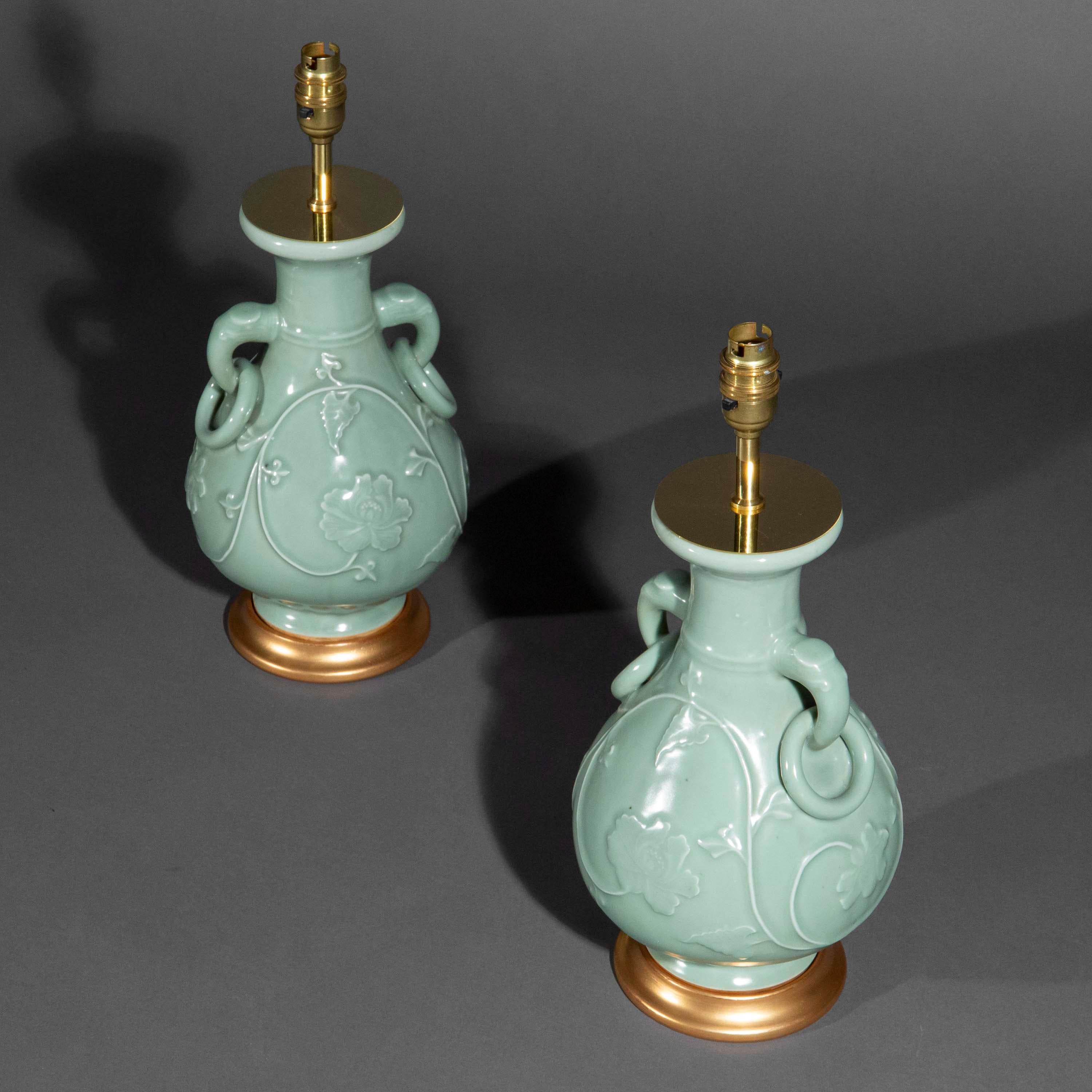 Glazed Pair of Chinese Celadon Longquan Vase Lamps For Sale