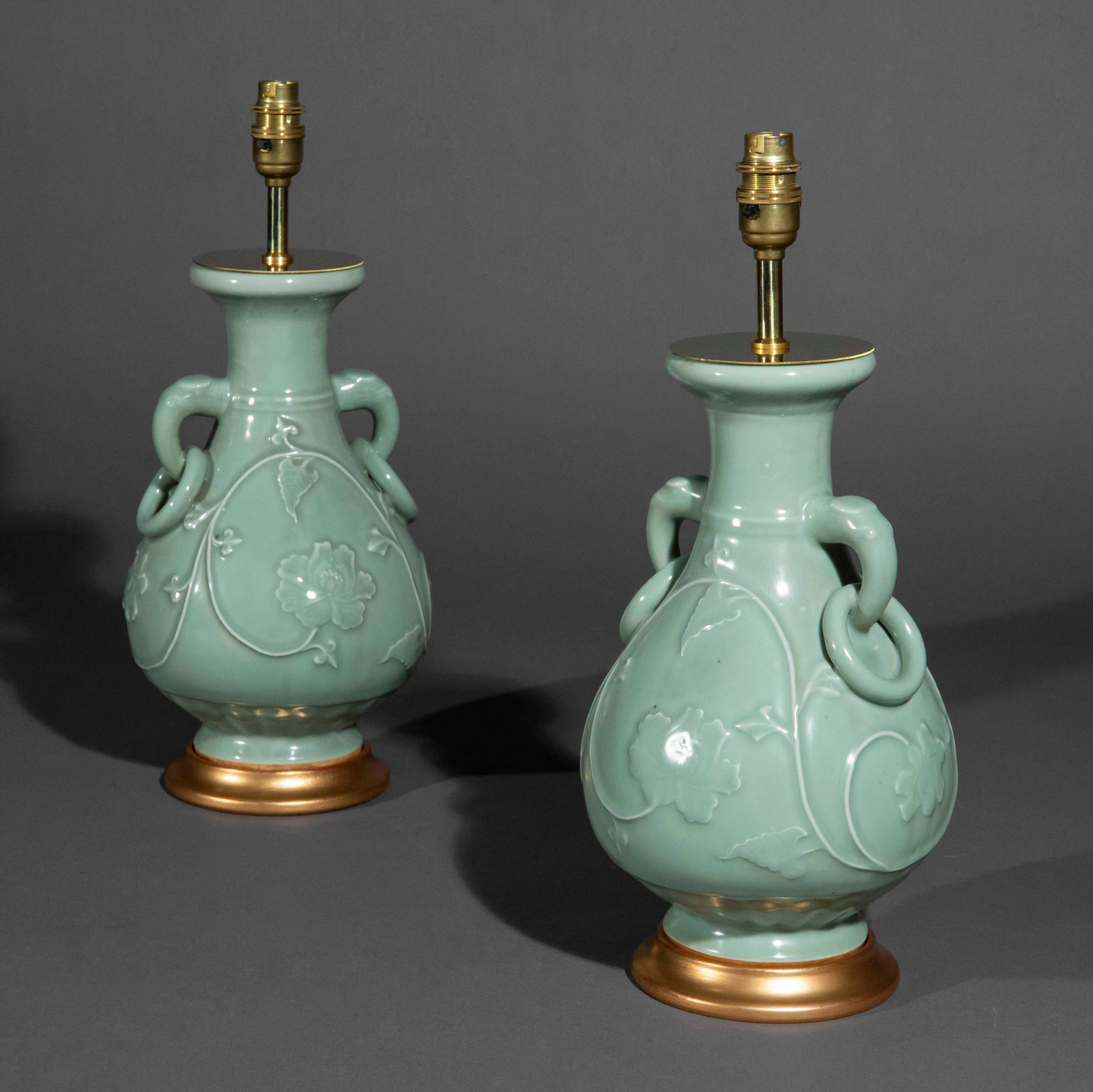 Pair of Chinese Celadon Longquan Vase Lamps In Good Condition For Sale In Richmond, London
