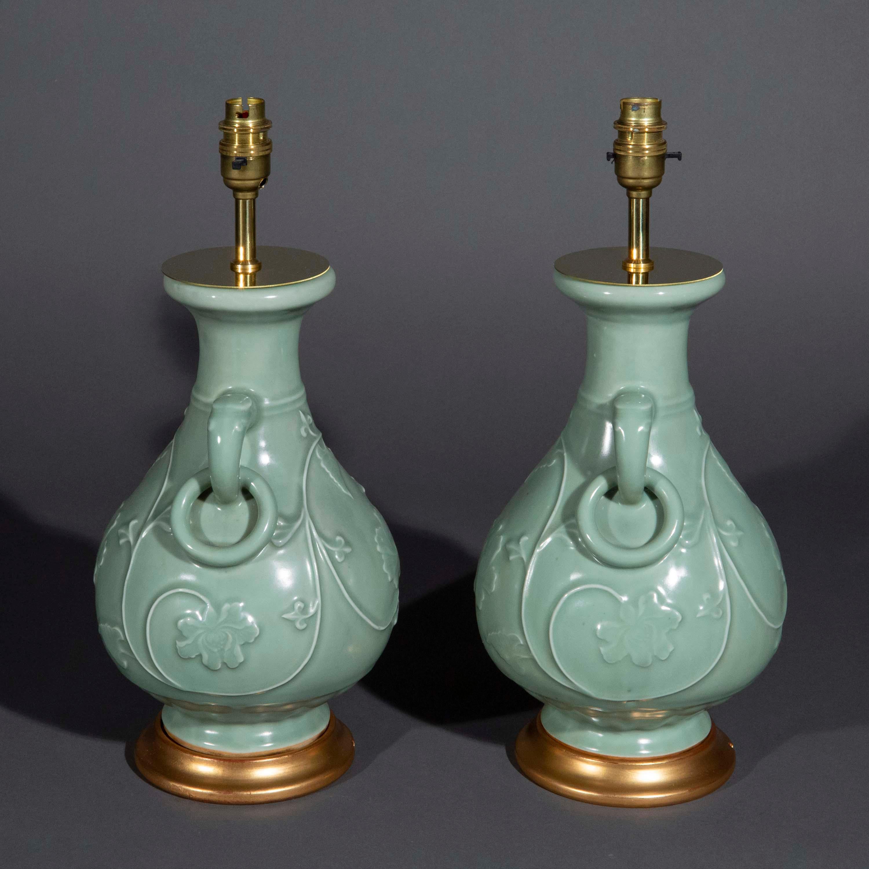 Porcelain Pair of Chinese Celadon Longquan Vase Lamps For Sale
