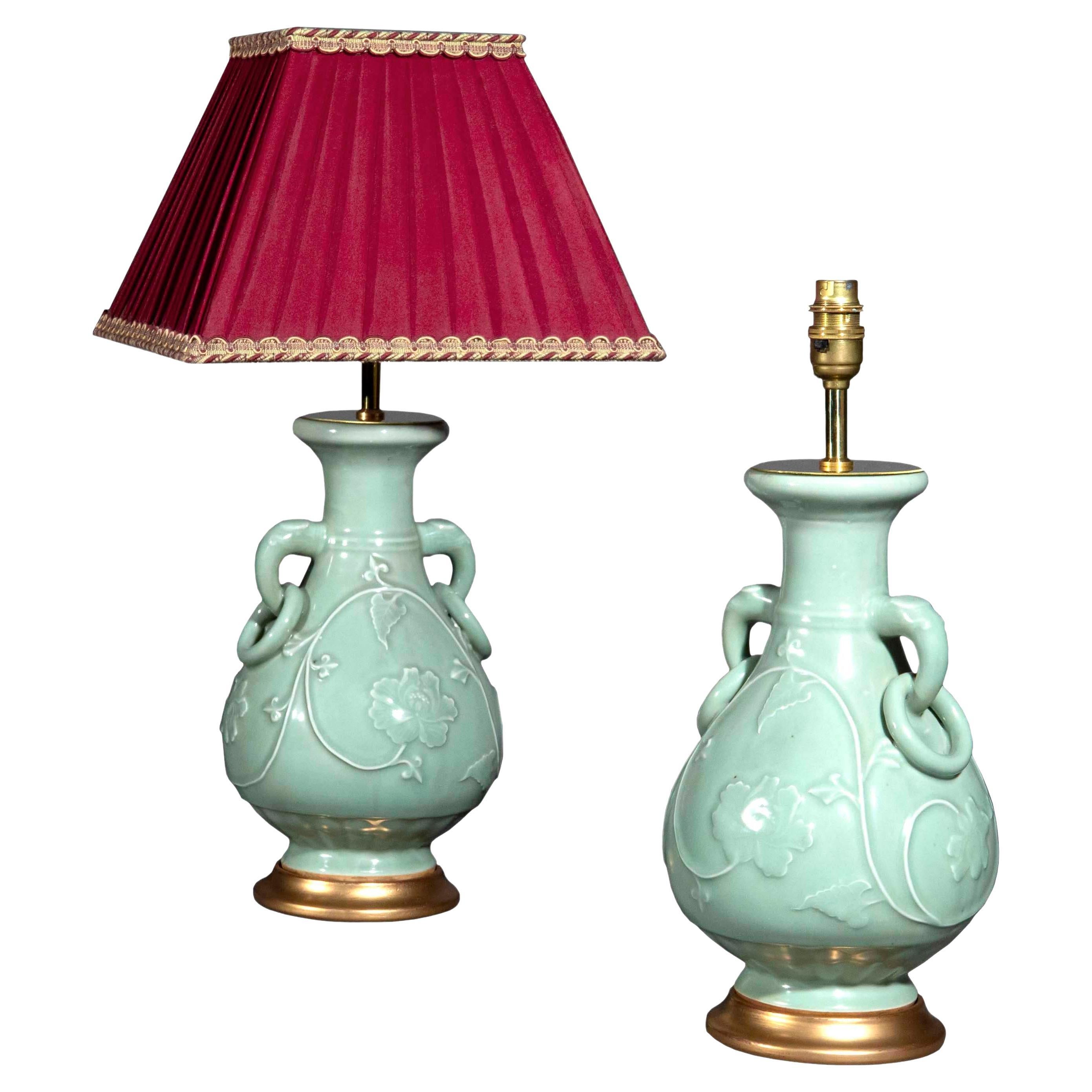 Pair of Chinese Celadon Longquan Vase Lamps For Sale