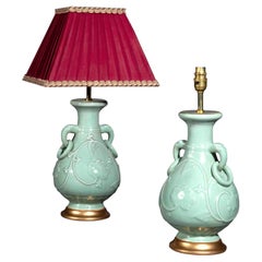 Antique Pair of Chinese Celadon Longquan Vase Lamps
