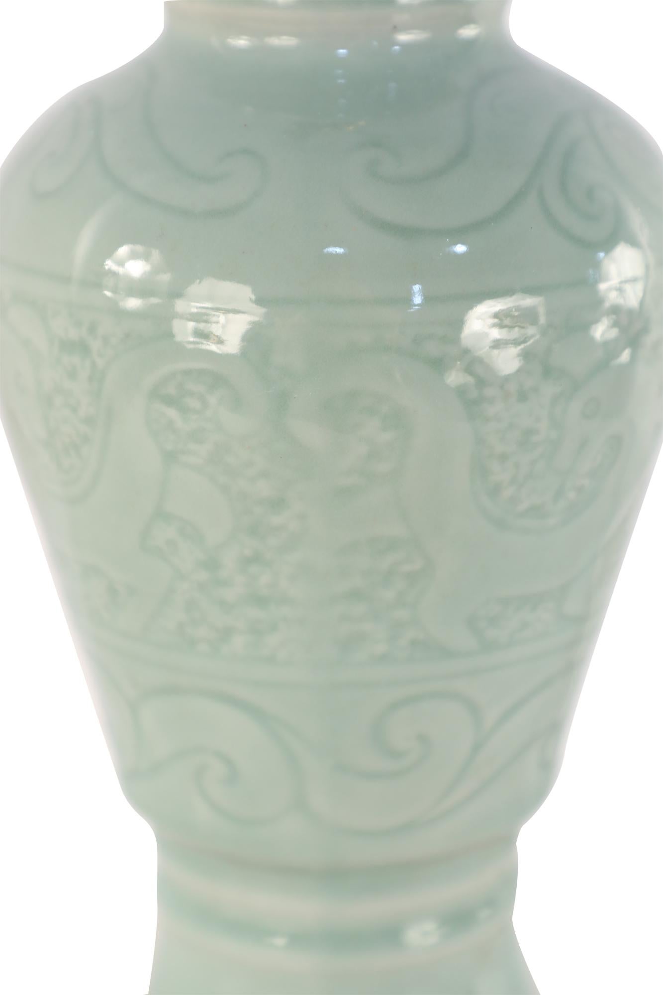 Pair of Chinese Celadon Porcelain Tonal Dragon Motif Table Lamps 2