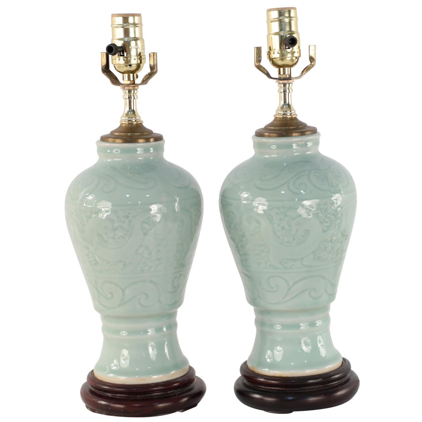 Pair of Chinese Celadon Porcelain Tonal Dragon Motif Table Lamps