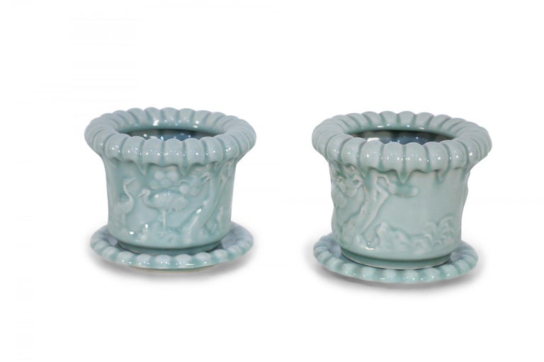 Chinese Export Pair of Chinese Celadon Scalloped Pots For Sale