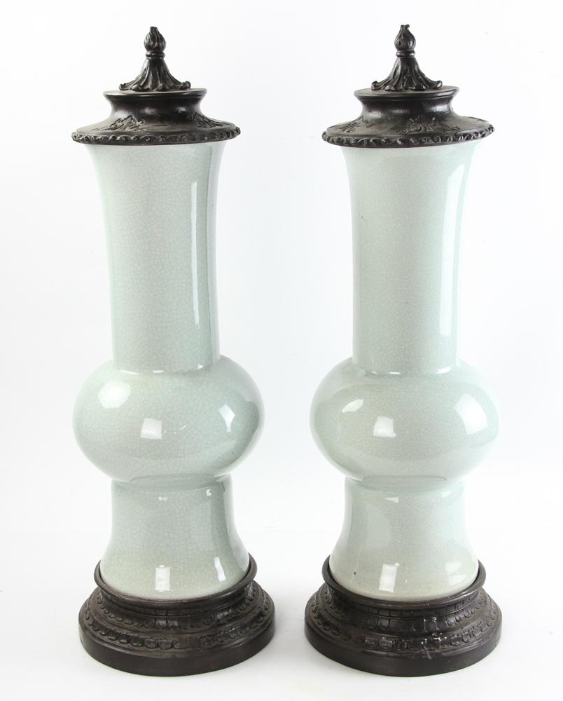 Pair of Chinese Celadon Gu Shaped Porcelain Vases with Metal Covers and Base In Good Condition In Essex, MA