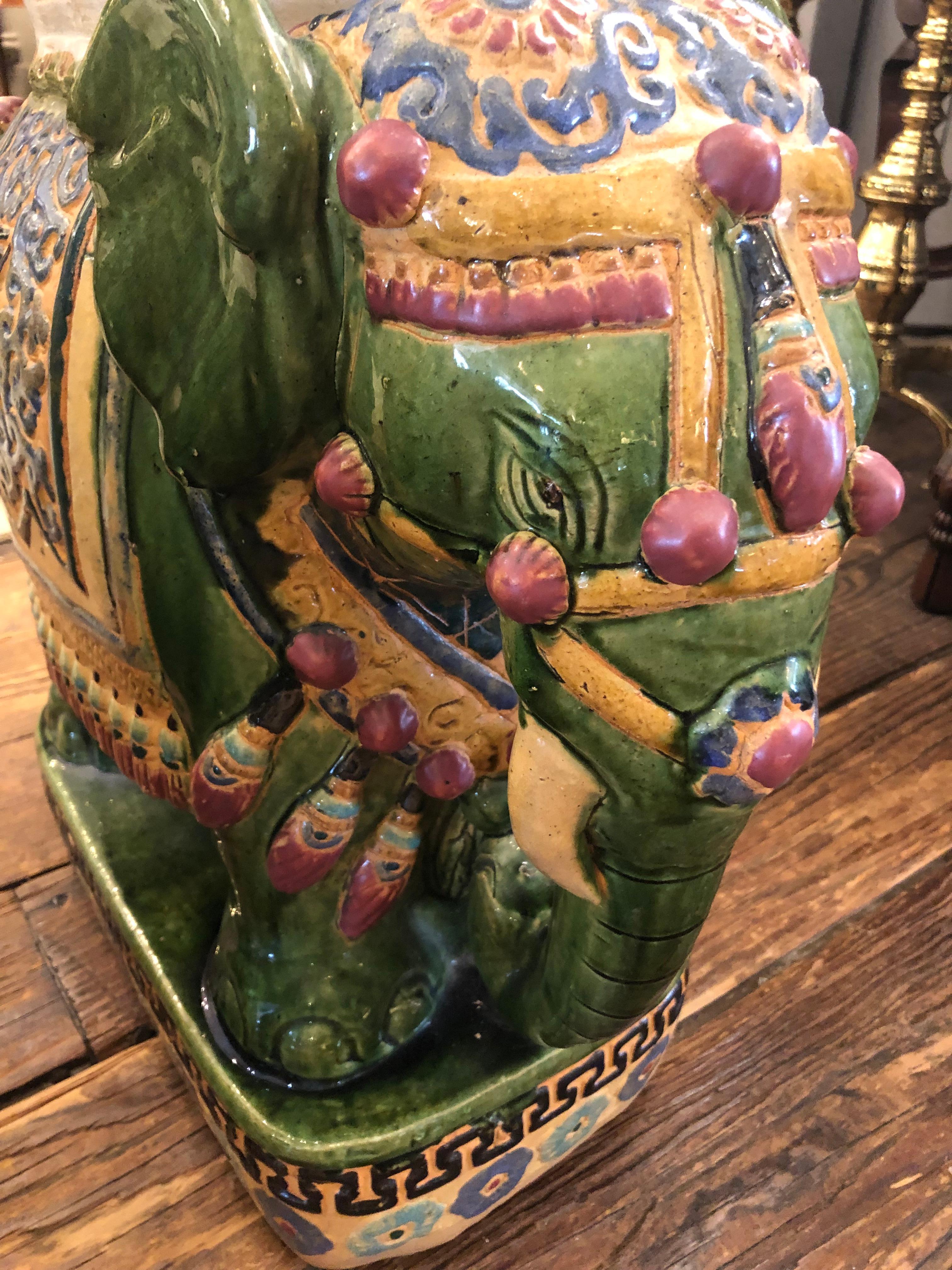 Pair of Chinese Ceramic Elephant Form Garden Seat End Tables For Sale 5