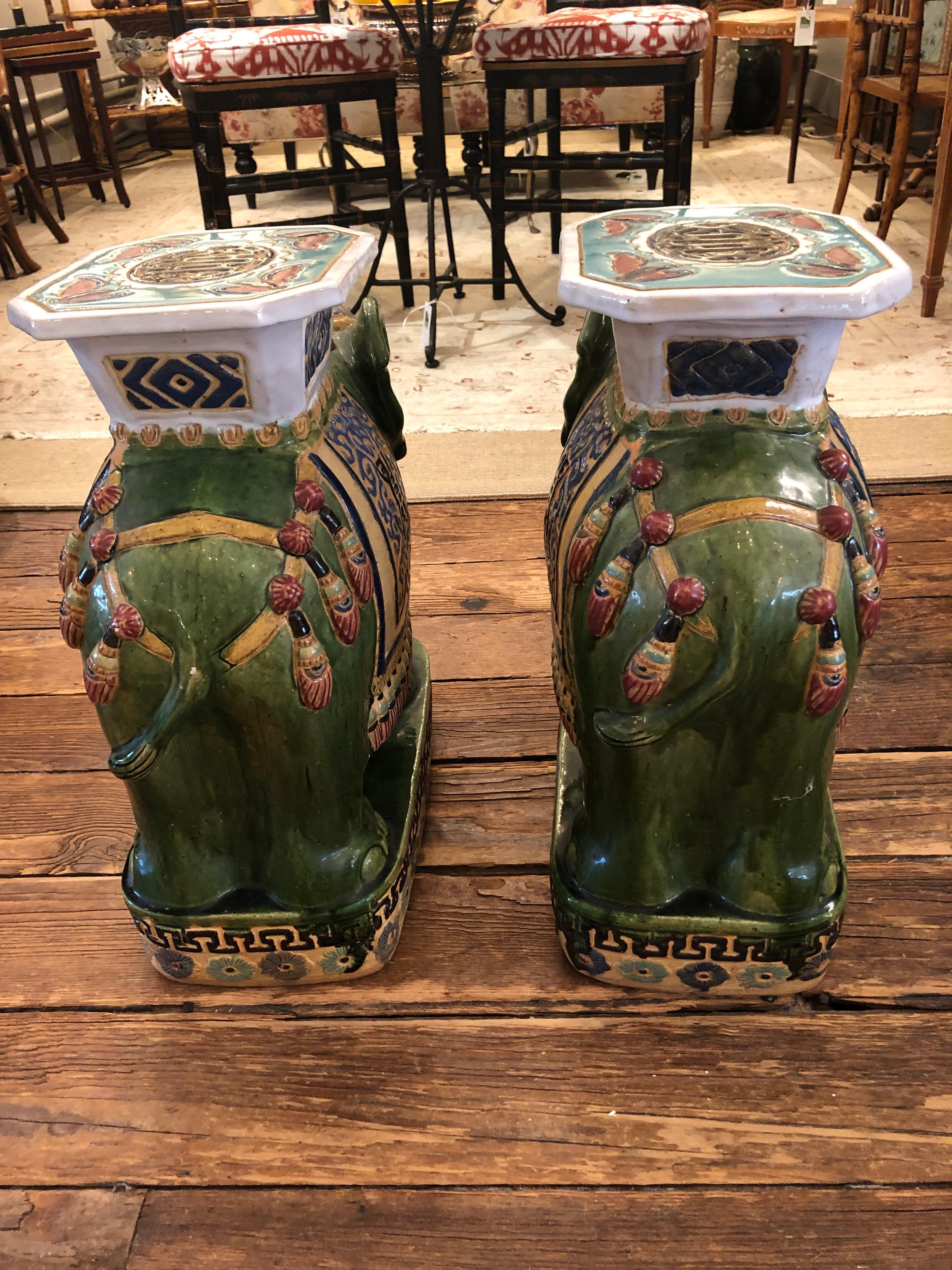 Pair of Chinese Ceramic Elephant Form Garden Seat End Tables For Sale 7