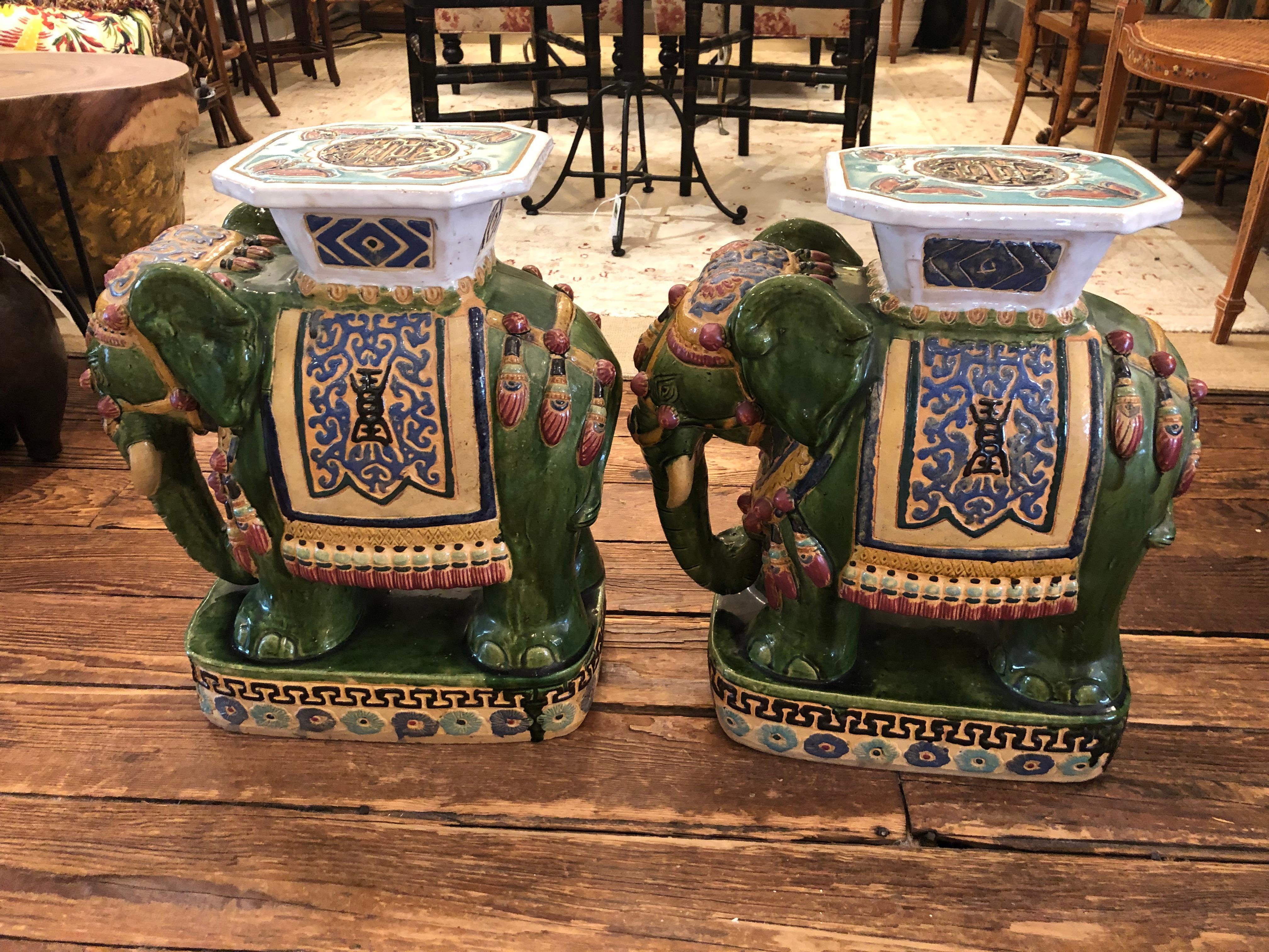 Chinese Export Pair of Chinese Ceramic Elephant Form Garden Seat End Tables For Sale