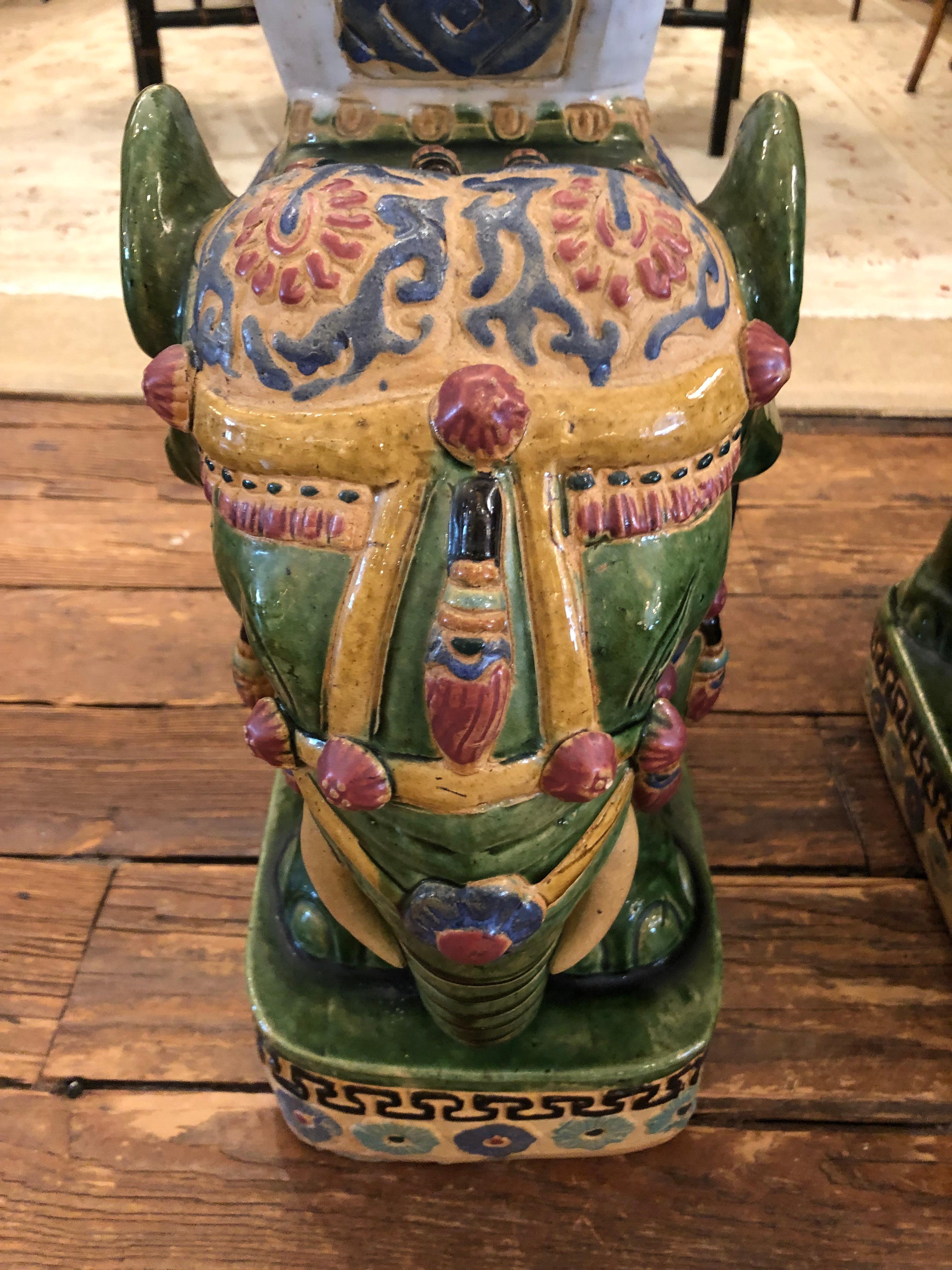 Late 20th Century Pair of Chinese Ceramic Elephant Form Garden Seat End Tables For Sale