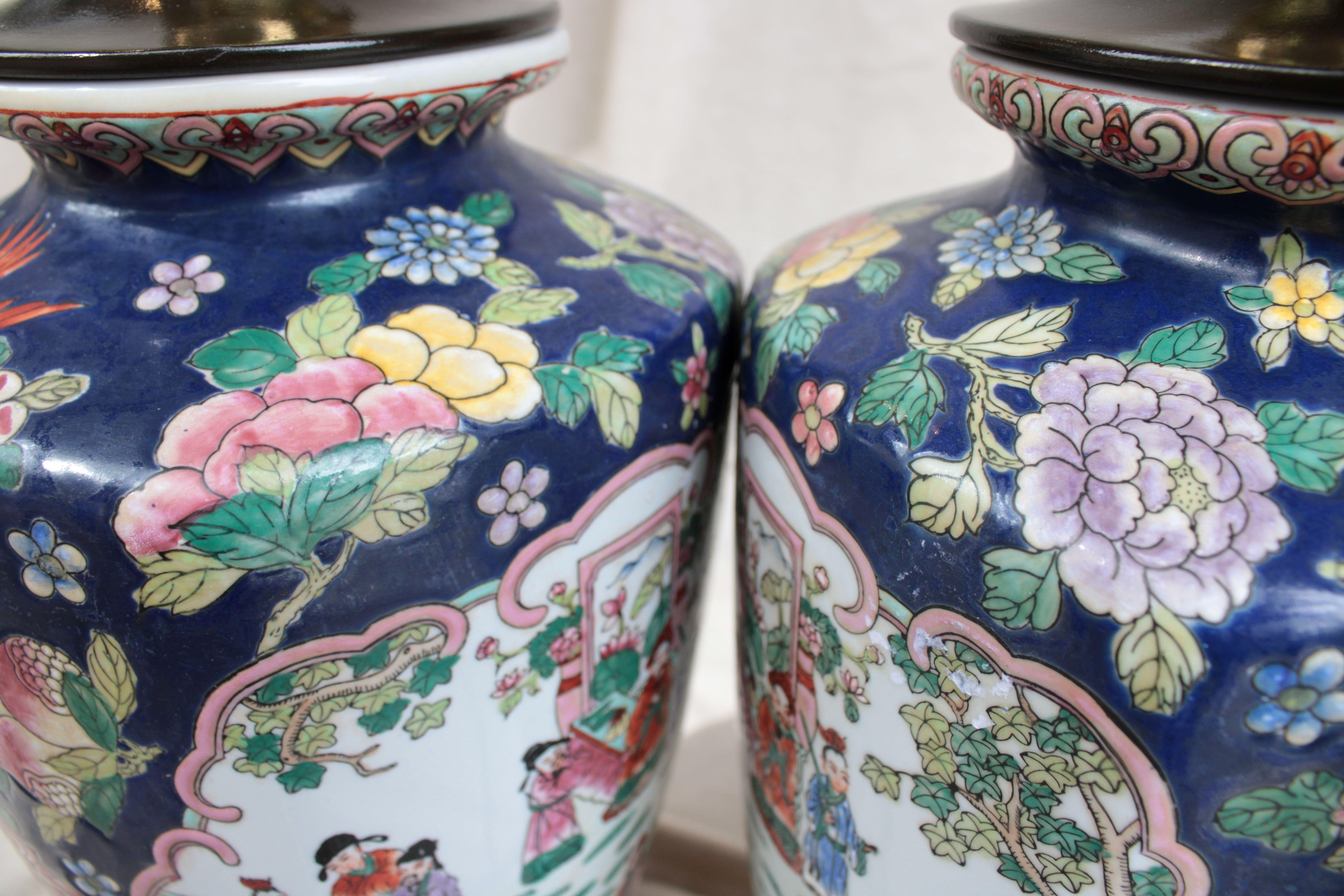 Pair of Chinese Ceramic Pots in, Adapted for Lamps, 2oth Century For Sale 5