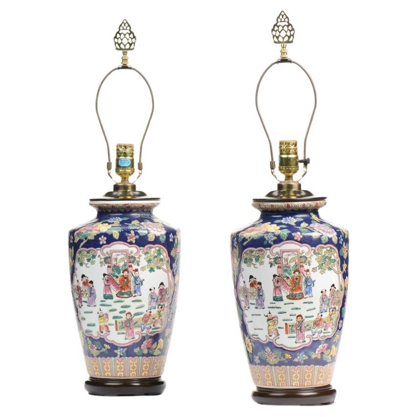 Hand-Painted Pair of Chinese Ceramic Pots in, Adapted for Lamps, 2oth Century For Sale