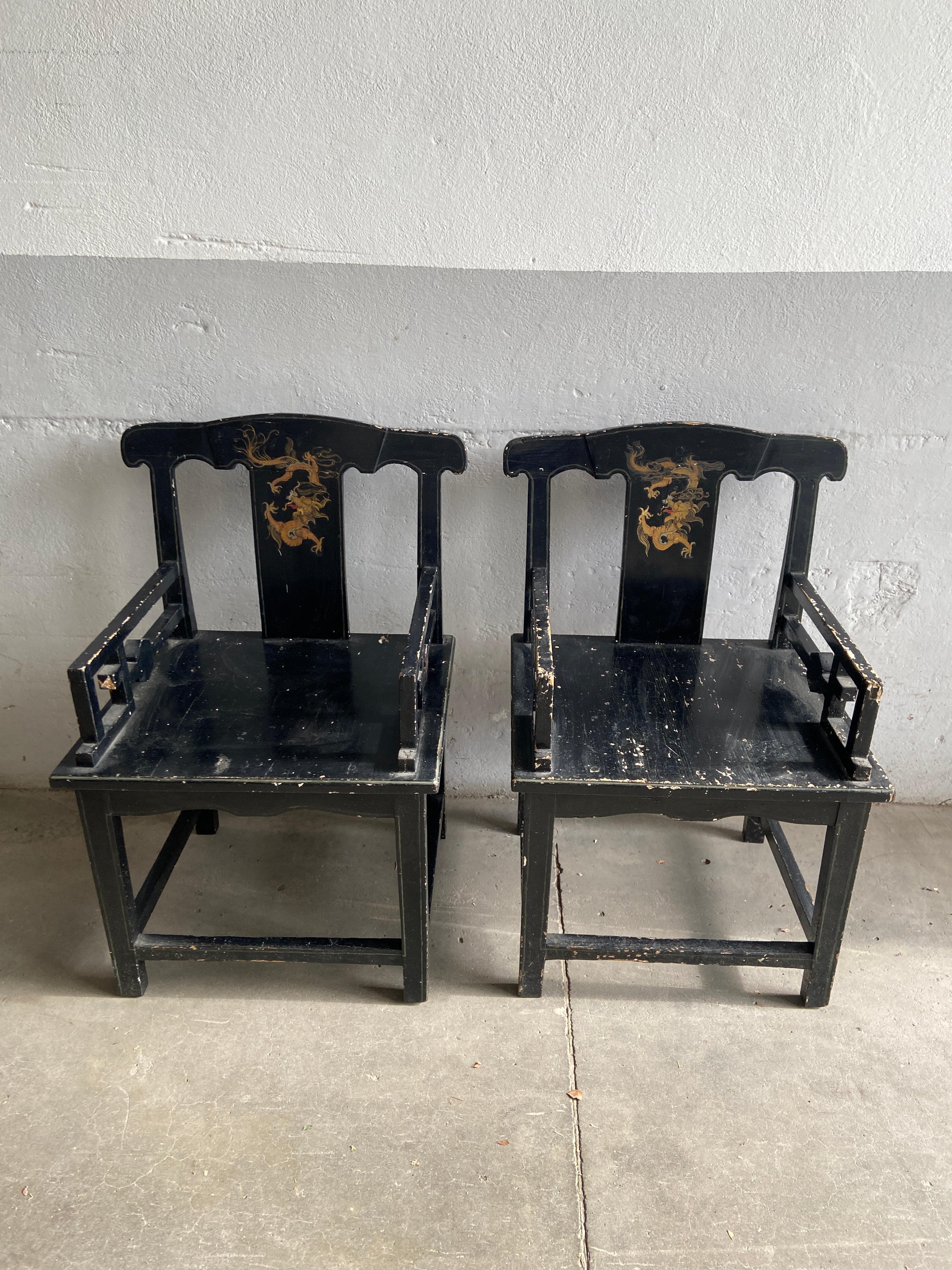 Chinese Chippendale Pair of Chinese Chair in Lacquered Black Wood and Gold from Late 19th Century For Sale