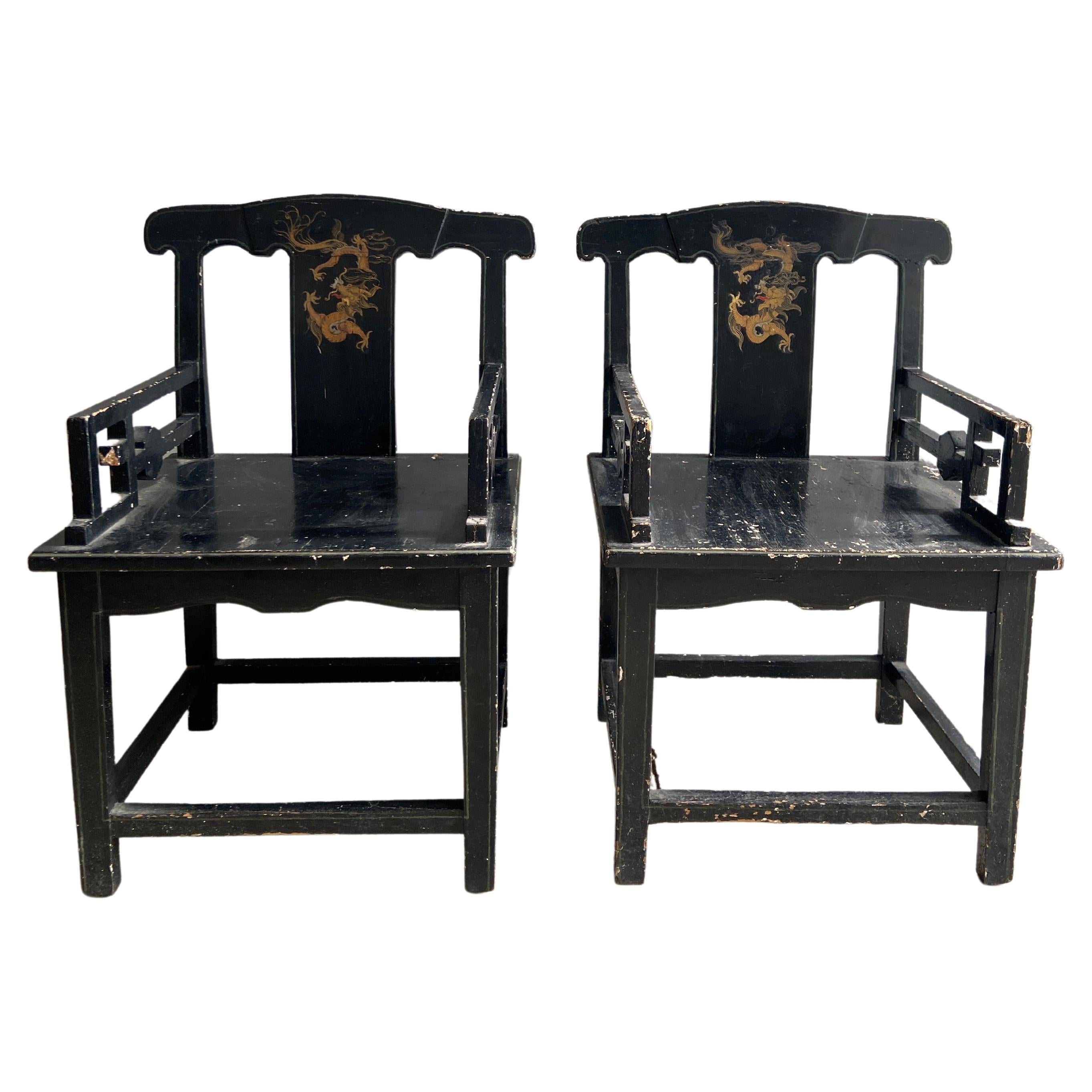 Pair of Chinese Chair in Lacquered Black Wood and Gold from Late 19th Century For Sale